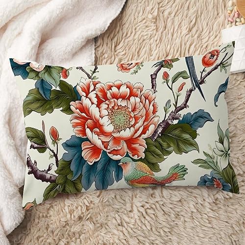 ArogGeld Fundas de almohada de coral con diseño de pájaro en peonía roja, diseño de flores, animales, pájaros, fundas de cojín decorativas,