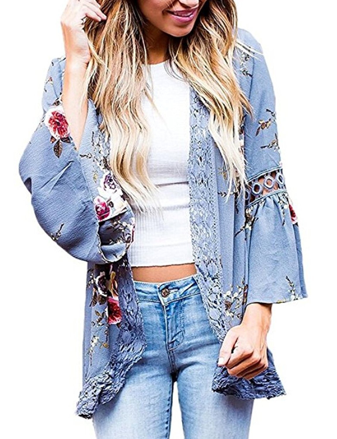 Women's S-3XL Floral Print Kimono Tops Cover Up Cardigans Blue L