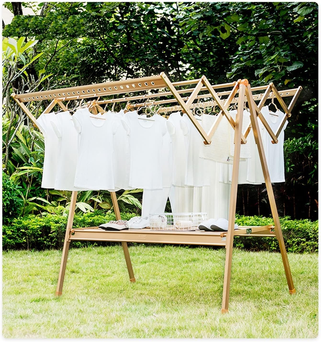 Foldable Laundry Rack Drying Racks 5 Clothes Rods Large Clothes Rack 2 Tier Rolling Foldable Clothes Rack Foldable Washer Dryer Clothes Rack Rail Stand with Casters Indoor/Outdoo