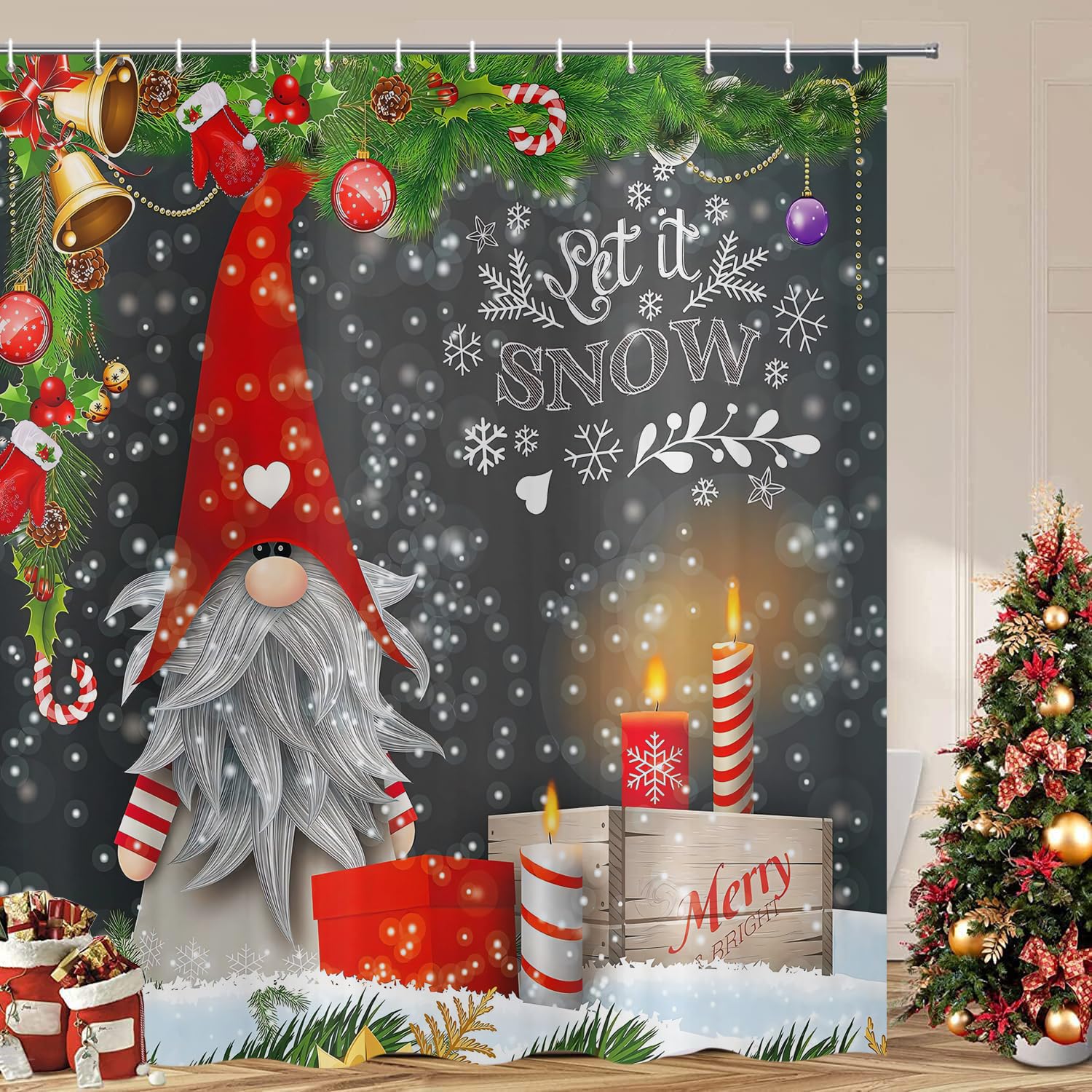 ASDCXZ Christmas Shower Curtain 180 x 220 cm, Winter Goblins Snow Scene Red Decorate Xmas Washable Bathroom Shower Curtains Polyester Textile Waterproof Shower Curtain for Bathtub with 12 Hooks