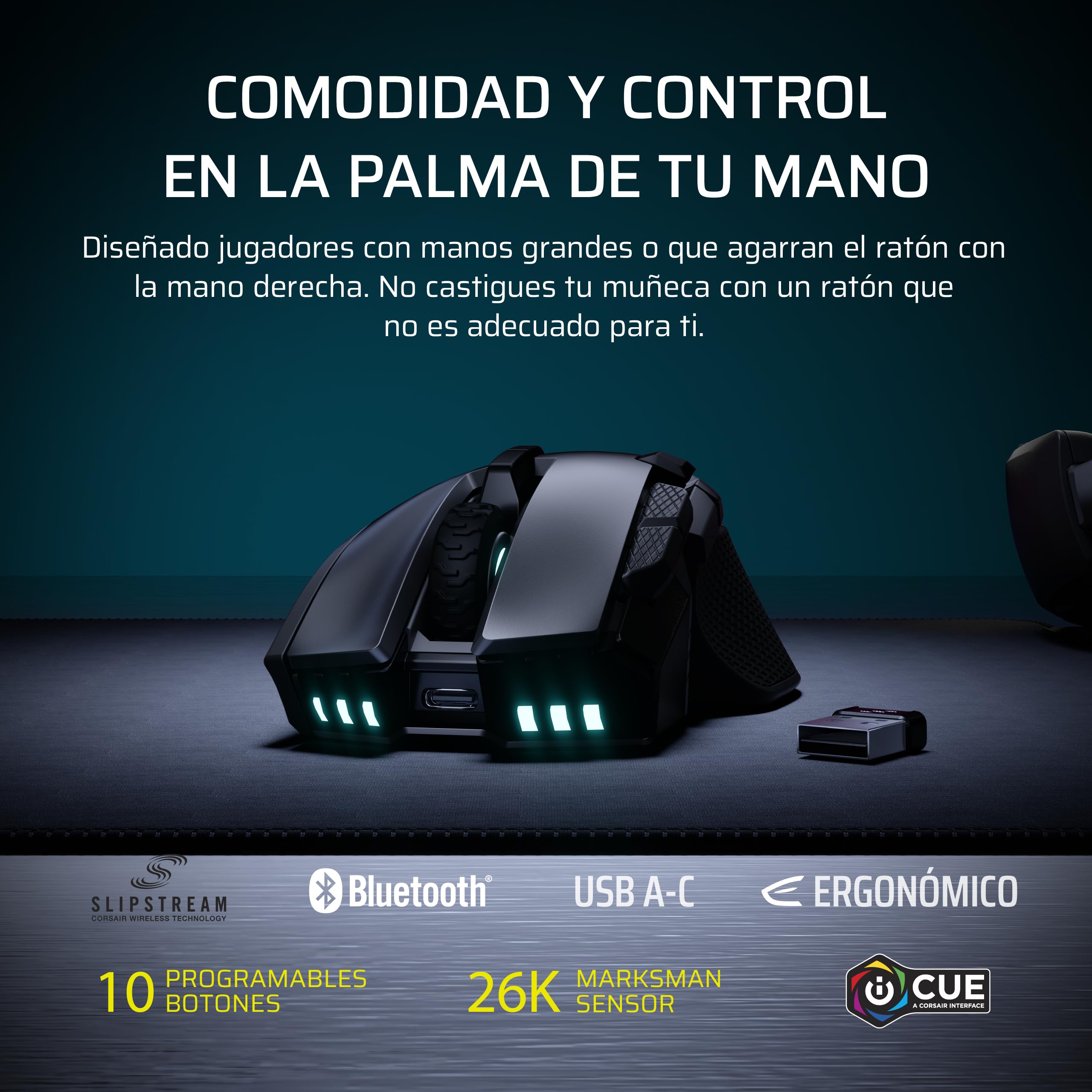 Corsair IRONCLAW Wireless SE (2026) Ratón para Juegos – Negro | 26 000 PPP, Diseño Ergonómico para Manos Grandes, 10 Botones Programables, para MOBA, FPS, MMO