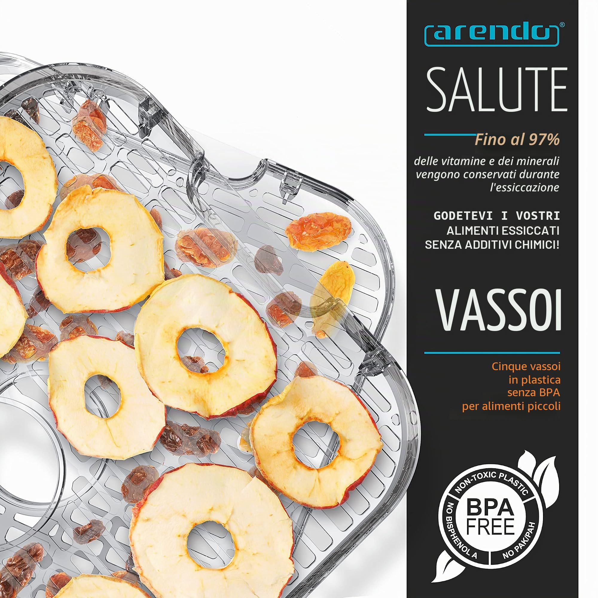 Arendo - Essiccatore con regolatore di temperatura 400 W - disidratatore in acciaio inox per alimenti, carne, frutta e verdura - con timer fino a 24 h - 35-70 gradi - 5 scomparti - GS - Disidratatore