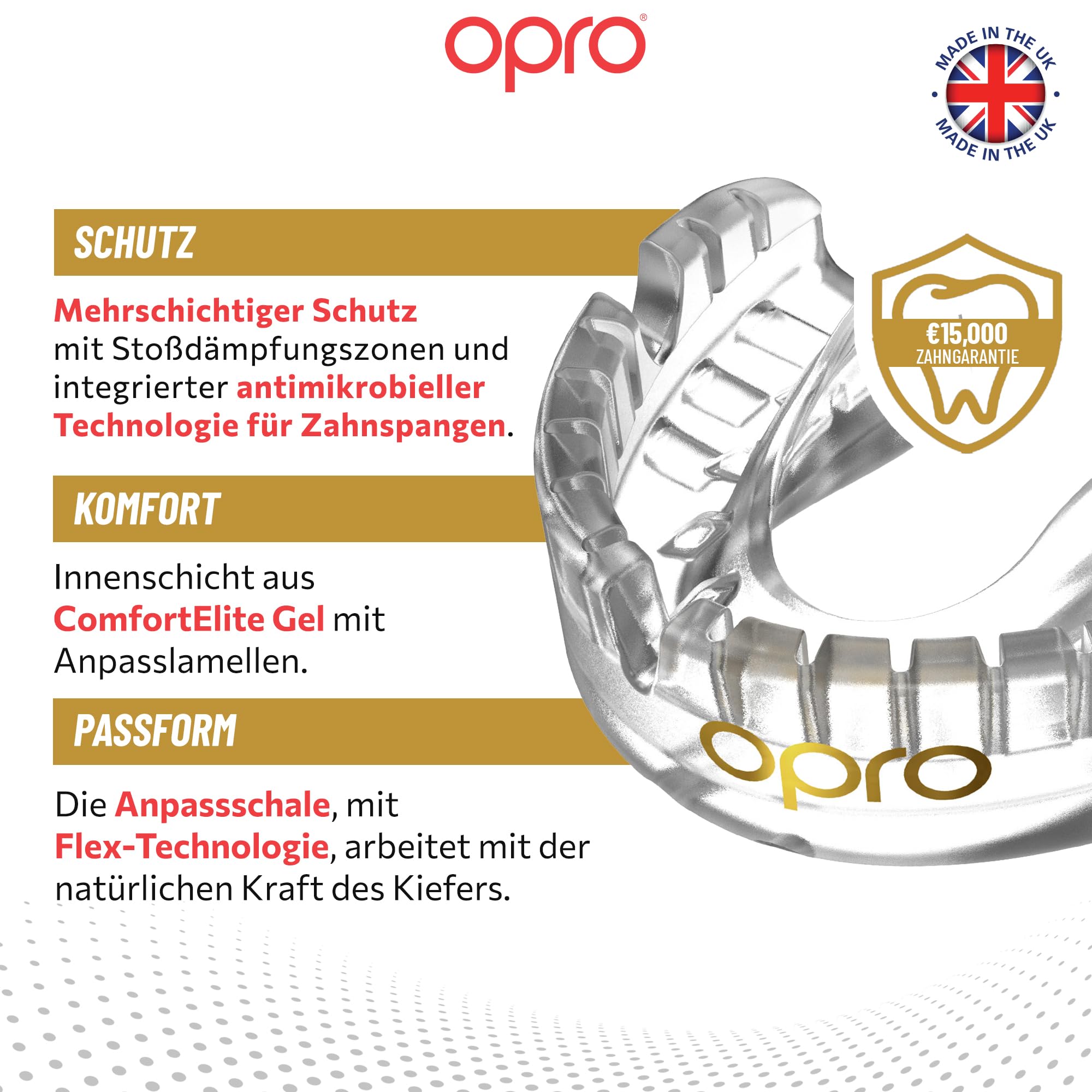 OPRO Mundschutz für feste Zahnspangen - Gold-Level Zahnschutz für Boxen, Kampfsport, MMA, Erwachsene & Kinder (Alter 10+) - Selbstanpassende Schiene - Premium Passform - Mit zahnärztlicher Garantie