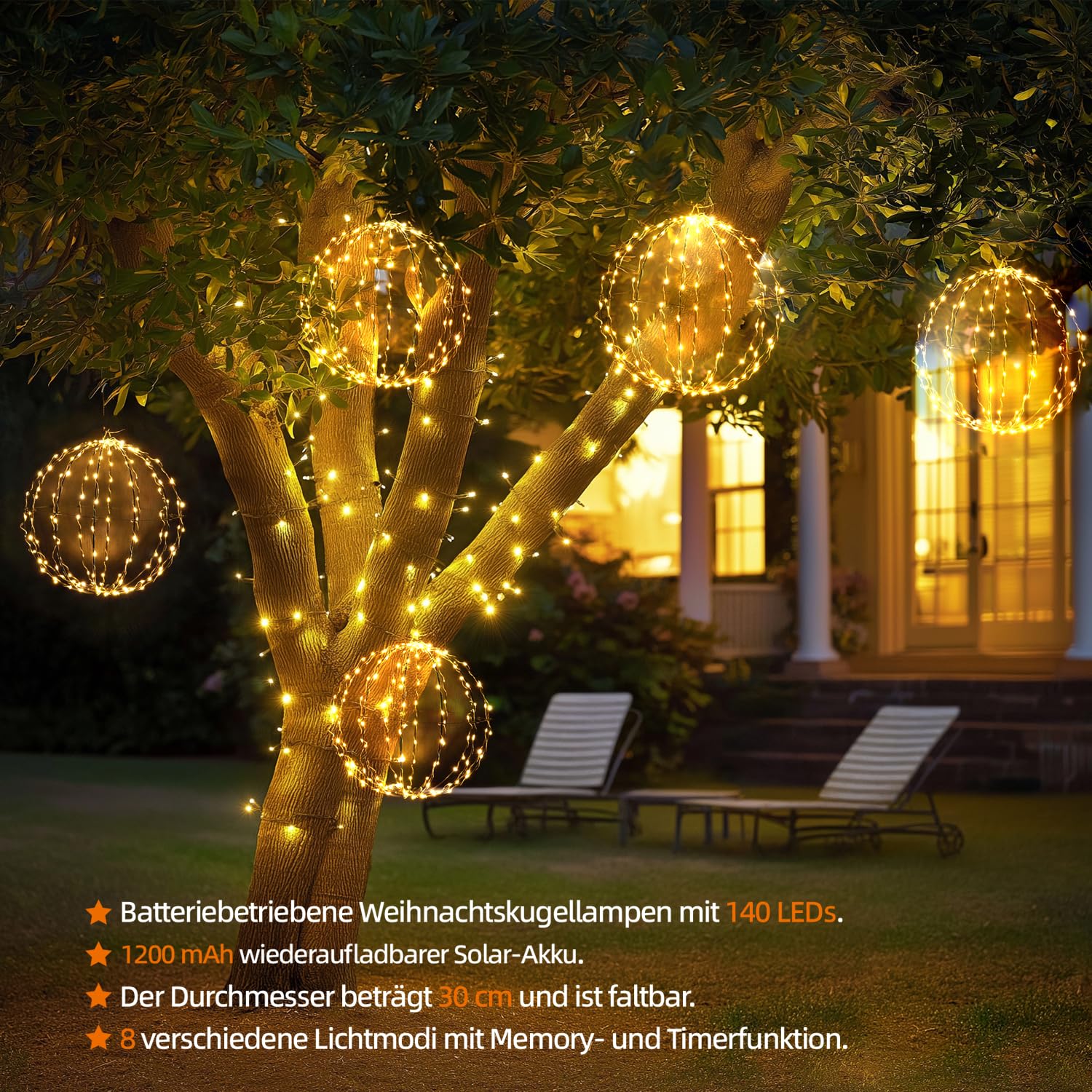 Illuminazione solare natalizia per esterni con telecomando, 2 pezzi, sfera a LED da appendere, diametro 30 cm, 140 LED, 1200 mAh, timer 4/6/8h, dimmerabile, 8 modalità, IP44, impermeabile, catena