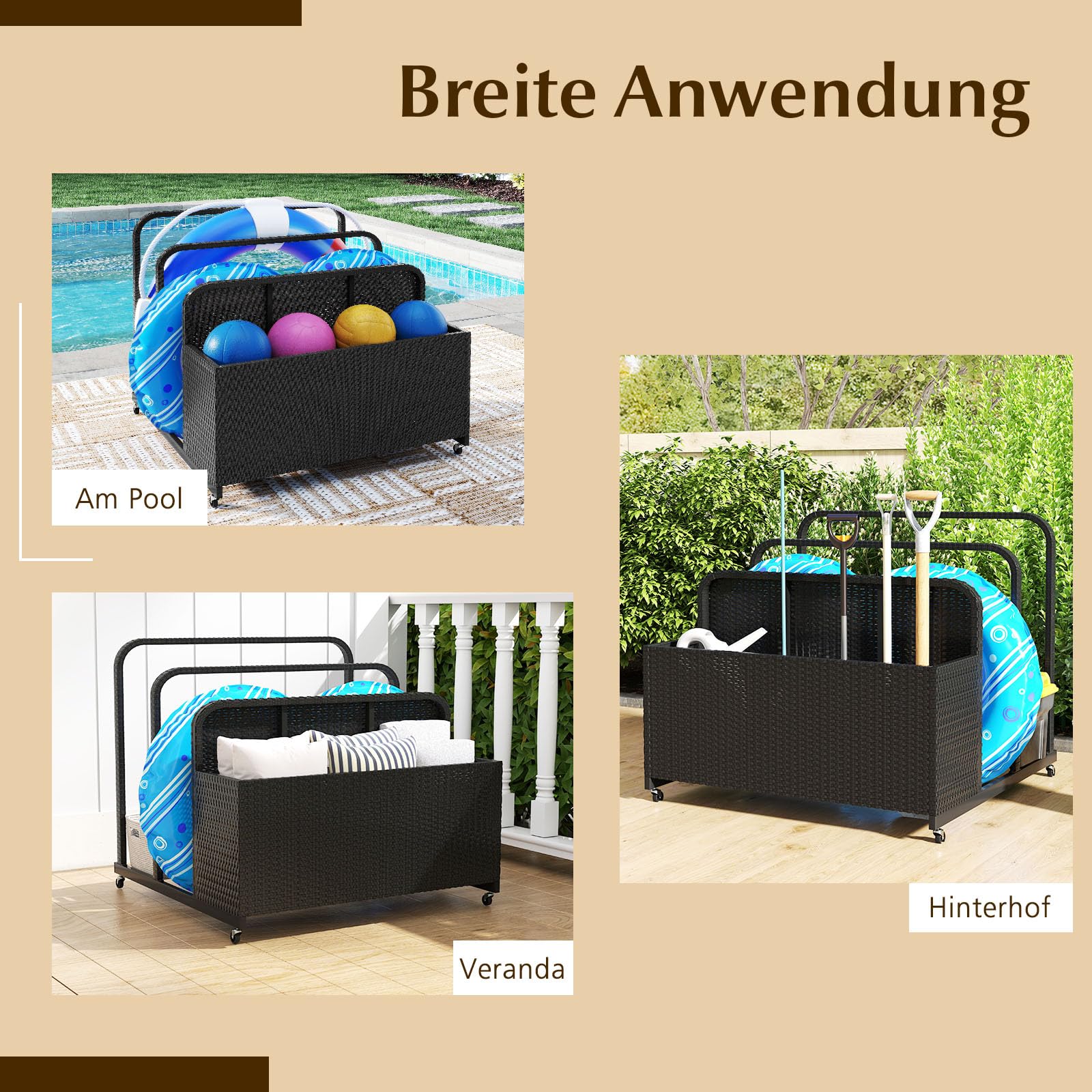 COSTWAY Pool Aufbewahrungskorb mit Rollen, PE Rattan Aufbewahrungsbehälter, Aufbewahrungsbox für Schwimmhilfen, Kissen, Rettungswesten, Strandbälle (Schwarz)