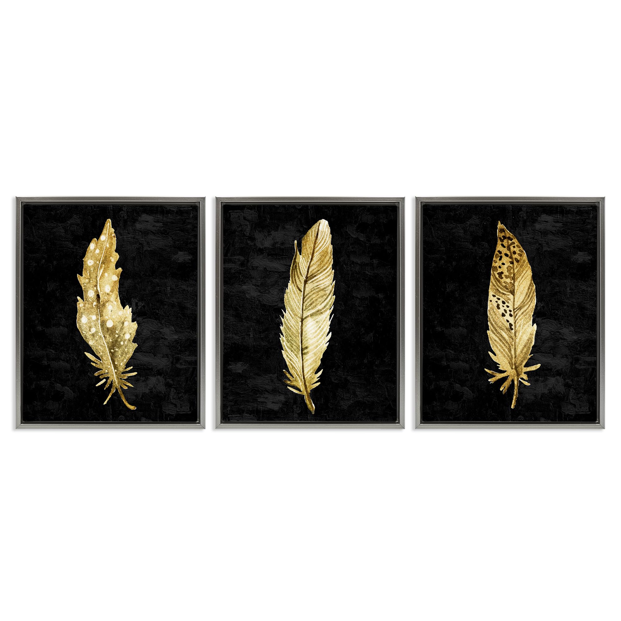 Stupell Industries Black & Gold Feathers 3 Piece Gray Framed Floater Canvas Set, design by Kim Allen, 31 x 25