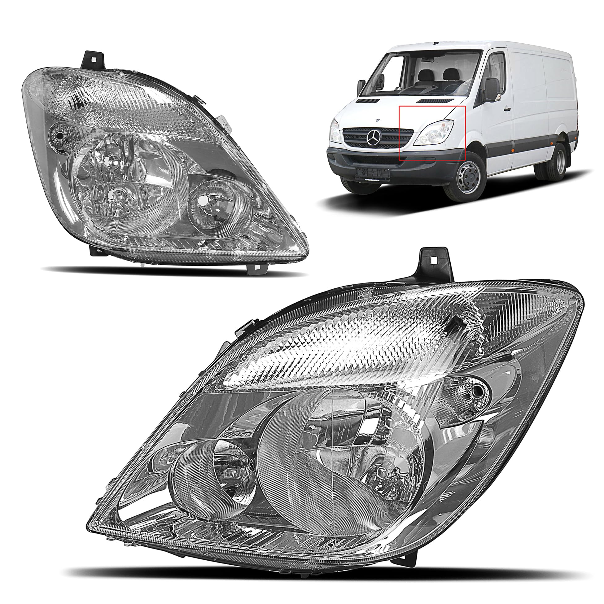 Generisch Lot de 2 phares principaux gauche + droit pour Sprinter W906 2006-2014 Phare avant avec brouillard 3 x H7 Certifié E Sans servomoteur
