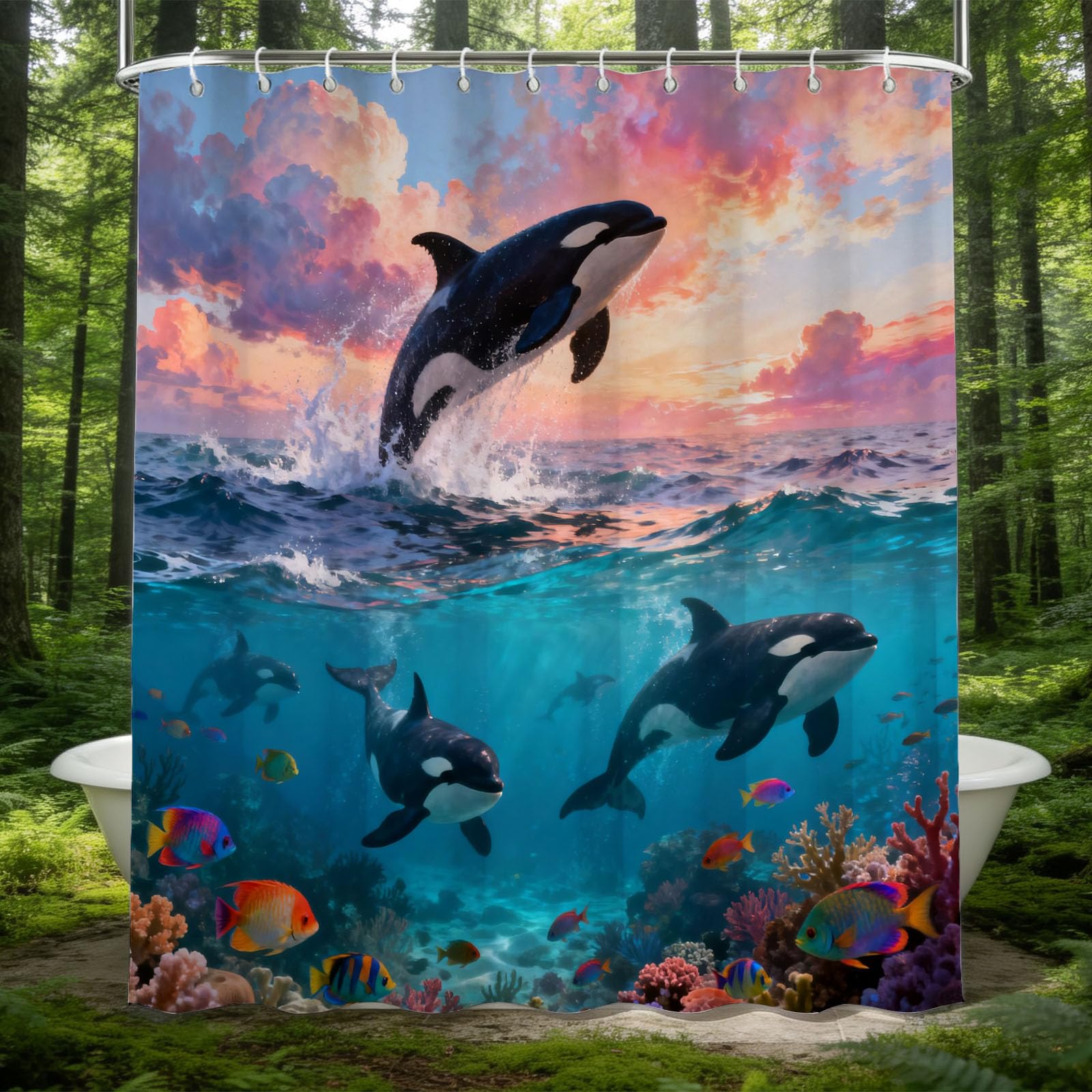 Hongduo 3D Whale Shower Curtain for Stalls Bathtubs Tropical Fish Bathroom Decor Shower Curtain Set Polyester Fabric Waterproof 200x200cm/79X79 Inch with Hooks