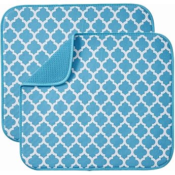 Microfibre Dish Drying Mat for Kitchen - Absorbent for Dishes Glass Plates and Cups - 40 x 46 cm Pack of 2 with Blue Holder