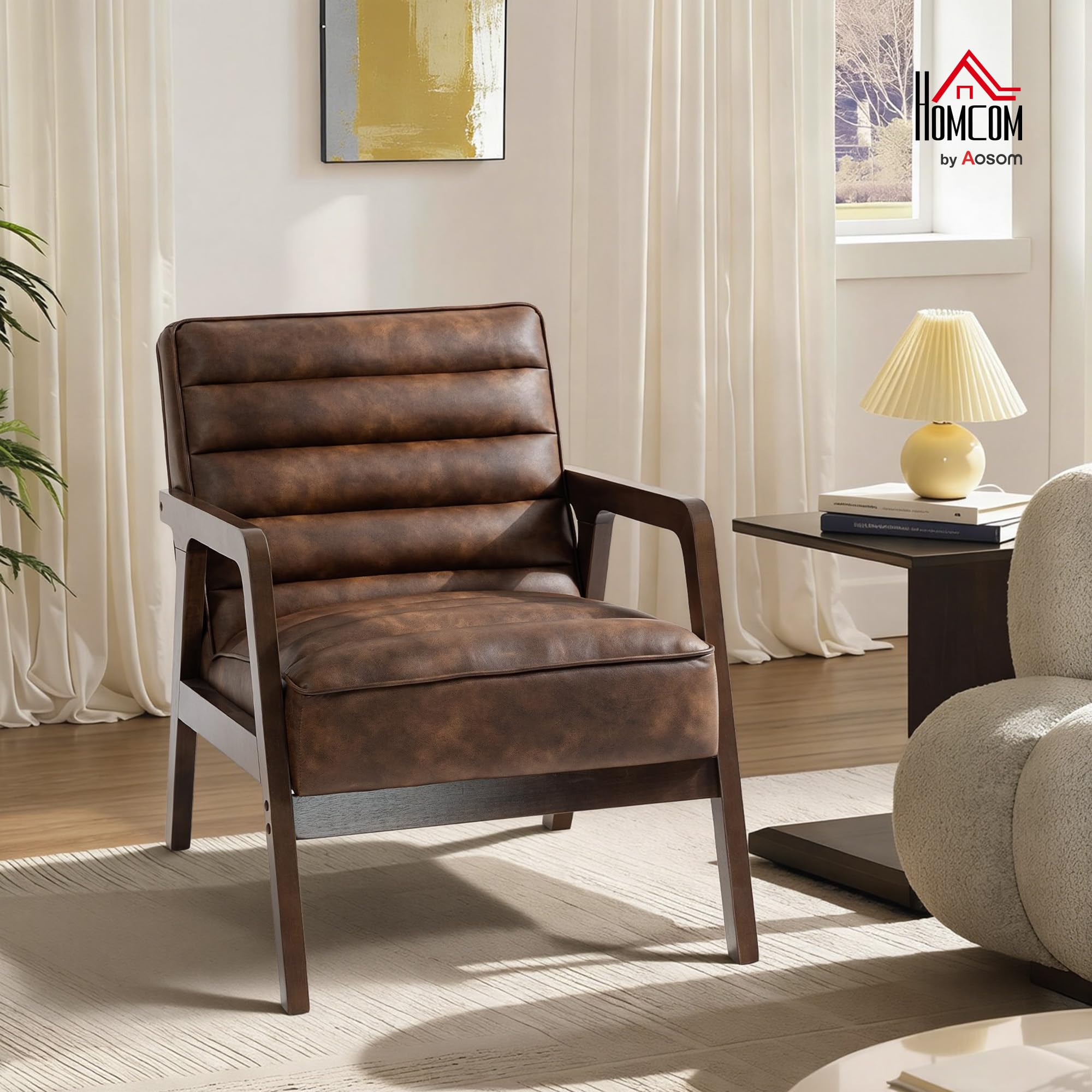 HOMCOM Butaca de Salón, Tapizado en PU, Sillón Lectura con Marco de Madera Maciza, Asiento Acolchado, Asiento Amplio, Butaca para Sala de Estar, Dormitorio, Marrón