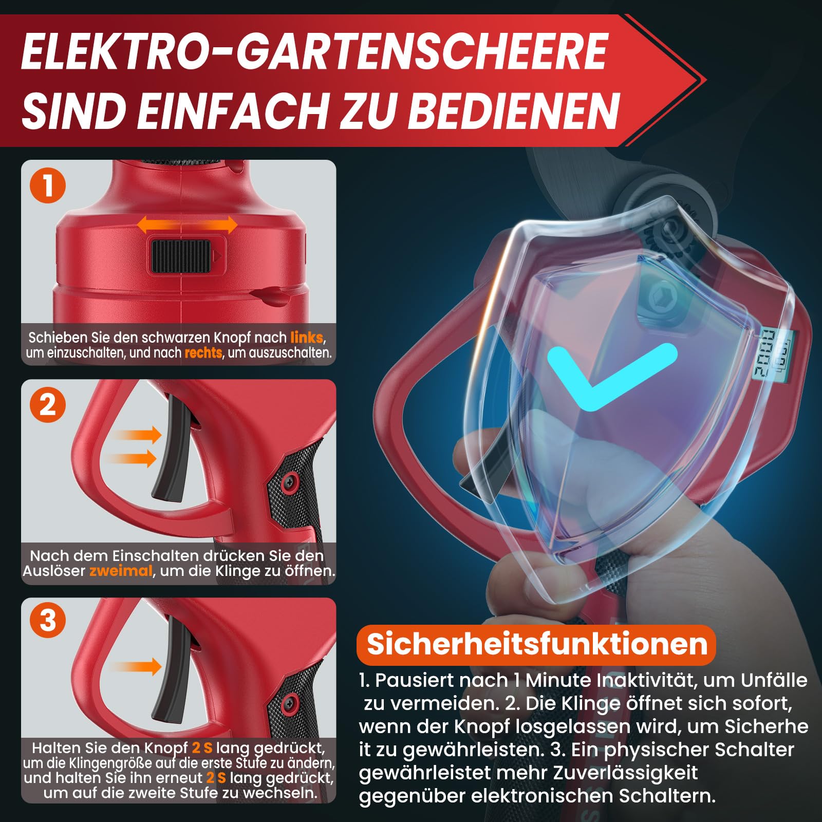 Akku Astschere, 50MM Elektrische Gartenschere Kabellos für Makita mit LCD Anzeige 2x 2000mAh Batteries, Leistungsstark Leise, Professionelle Bürstenlose Gartenschere für Zweige, Sträucher, Stämme