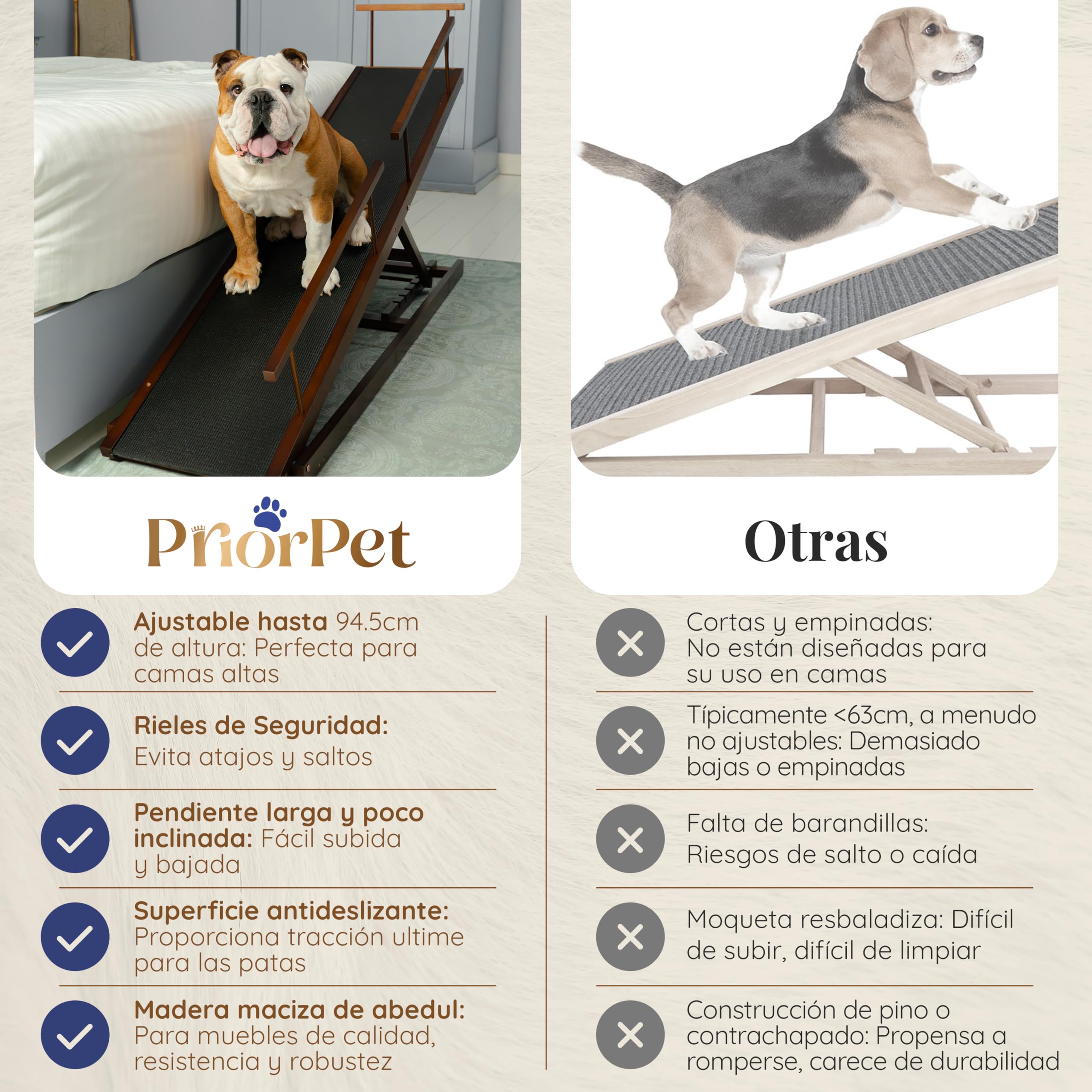 Rampa para Perros para Cama con Rieles de Seguridad PRIORPET - Madera de Abedul - Ajustable - para Camas Altas de hasta 94.5 cm - Plegable - Agarre Antideslizante - para Perros de hasta 23kg - Nuez