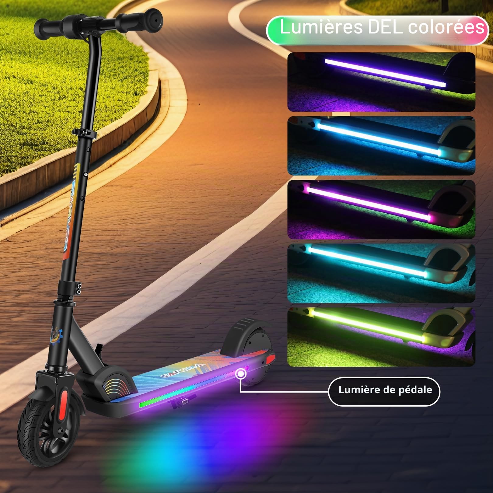 CAROMA Trottinette Electrique(8-10-12Ans), Trottinette électrique Pliable pour Enfants, Autonomie Max 6 KM, Max 16 KM/H, Moteur 150W, Vitesse et Hauteur Réglables, Cadeau pour Enfants et Adolescents