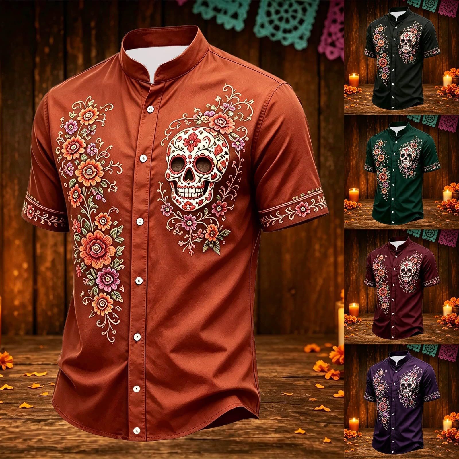 Halloween Shirt Men,Skull Shirt Mens Short-Sleeve Day of The Dead Floral Skull Goth Casual with Button-Down Fit Spooky Party Wear Funny Graphic Vintage Style Casual Outfits — image 1