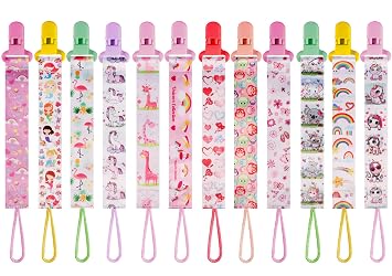 12 Pack Princess Rainbow Unicorn Pacifier Clip for Girls, Cute Magical Printed Pacifier Holder, Secure Clip, Great Baby Girl Shower Gift Multicolor G 25/26cm