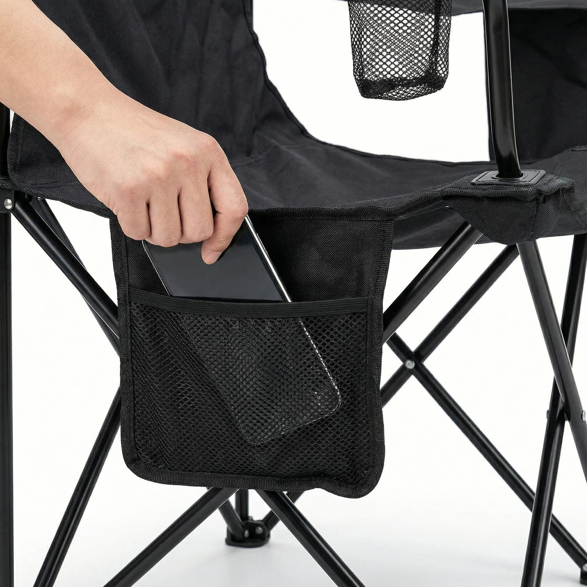 Silla Plegable de Camping con Respaldo y Reposabrazos 48x49x80 cm, Portavasos y Bolsillo, Ultraligera Portátil para Playa, Pesca, Jardín y Excursiones – Incluye Bolsa (Negro, Pack de 2)