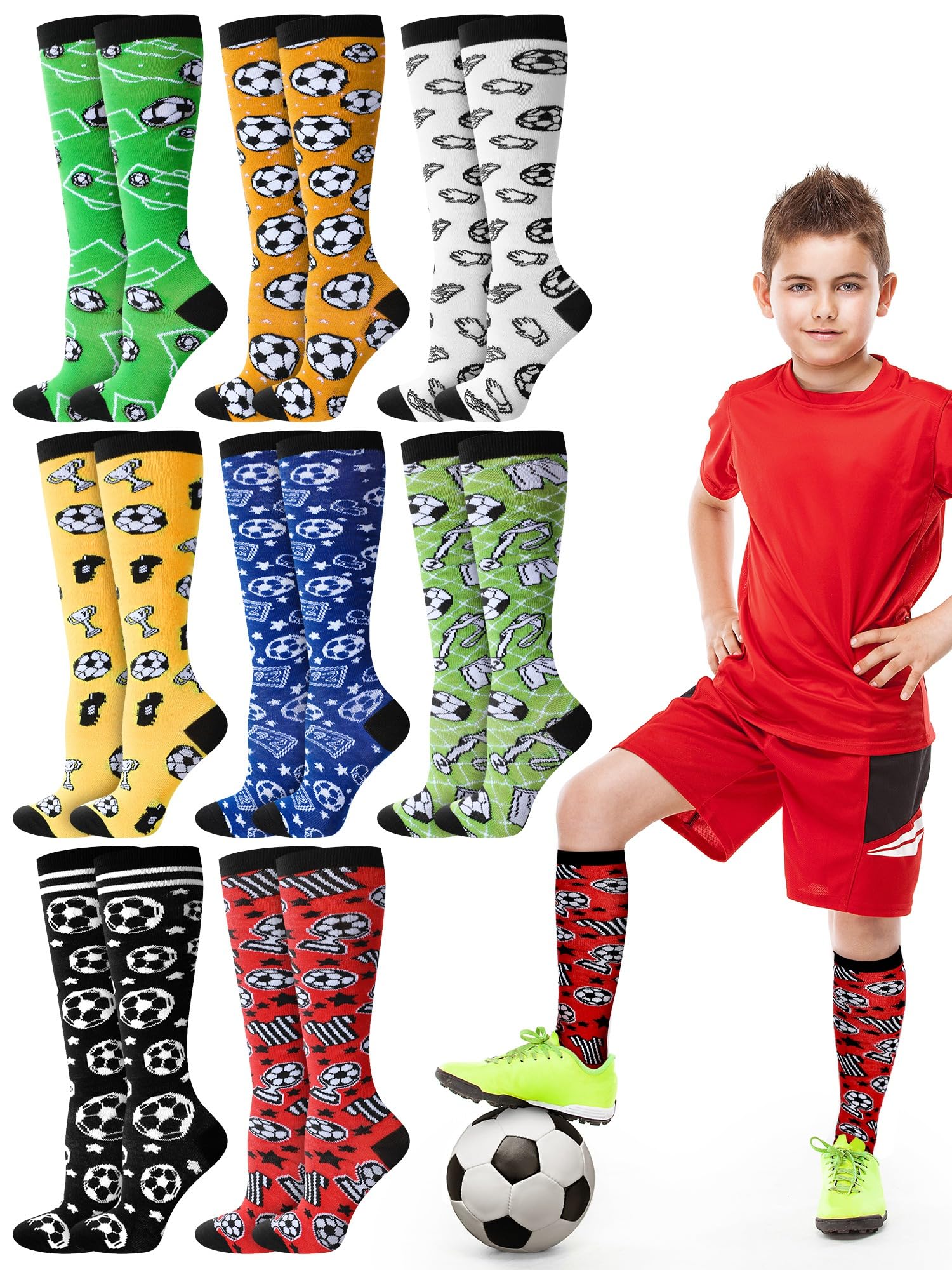 ShinyMatch8 Pairs Boys Knee High Soccer Socks Youth Crazy Football Athletic Socks for Soccer Team Gifts