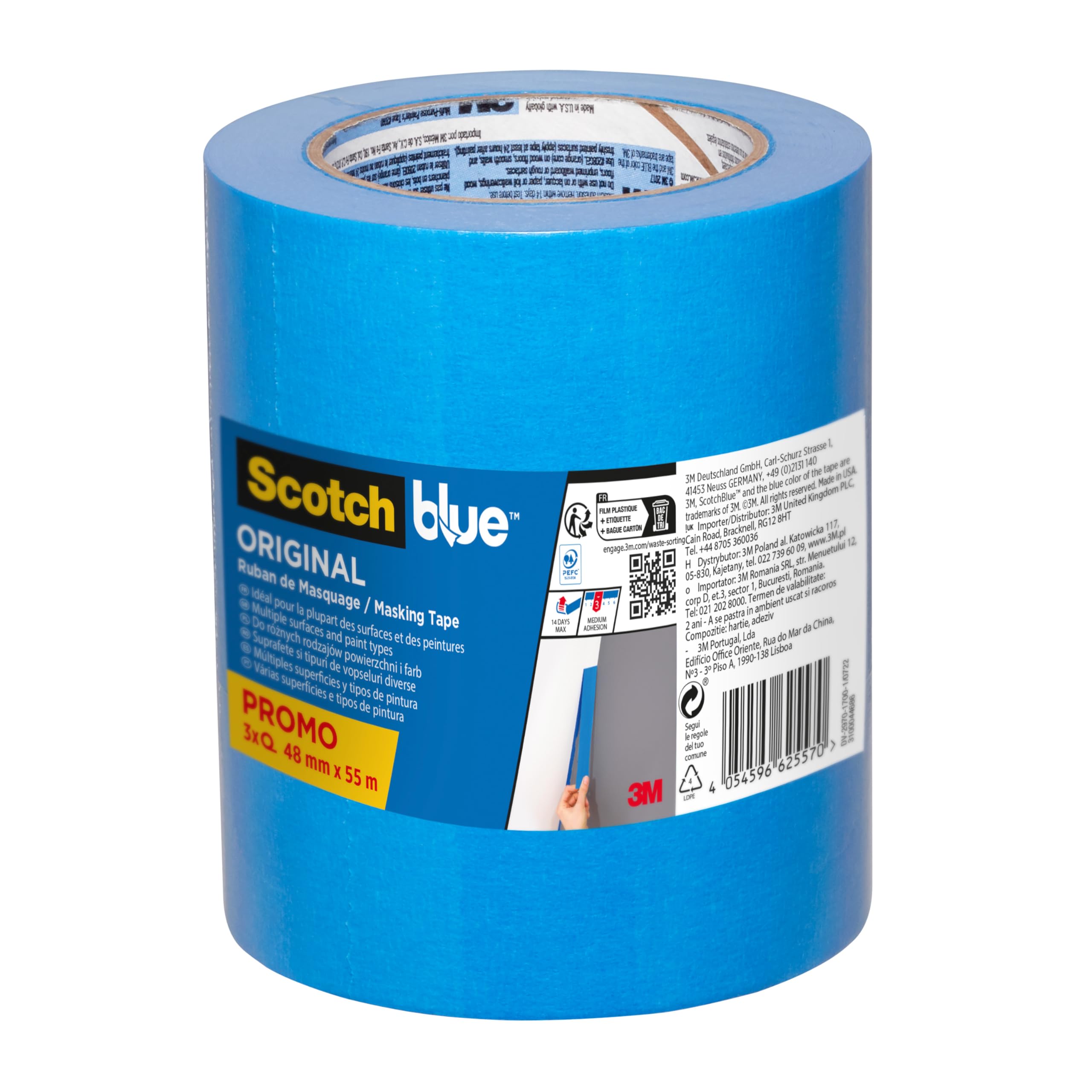 ScotchBlue Multi-Surface Masking Tape, 3 Rolls, 48 mm x 55 m - Scotch Adhesive Blue Painters Tape, For Painting and Decorating, Indoor & Outdoor, Sticks Well, 100percent PEFC