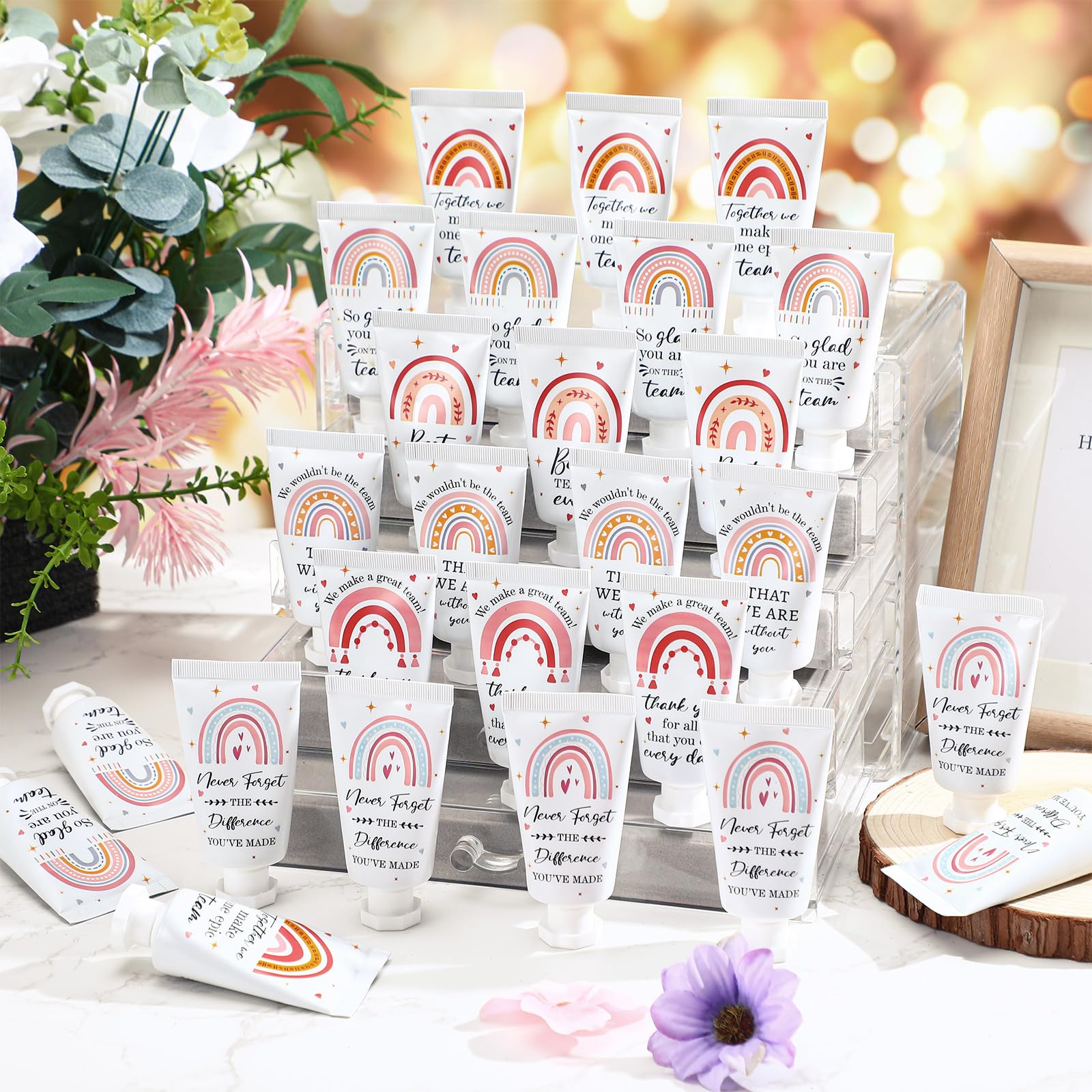 Confezione da 72 creme per le mani formato da viaggio per ringraziare i dipendenti, regalo di ringraziamento, lozione per le mani stile boho arcobaleno, ideale per la festa dell'insegnante