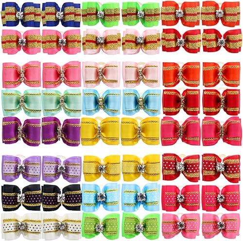 Miniatura 10 de YOY 50 unidades/25 pares de adorables lazos de grogrén para el pelo de perro con bandas de goma, accesorios para el pelo de cachorro, gato, gatito