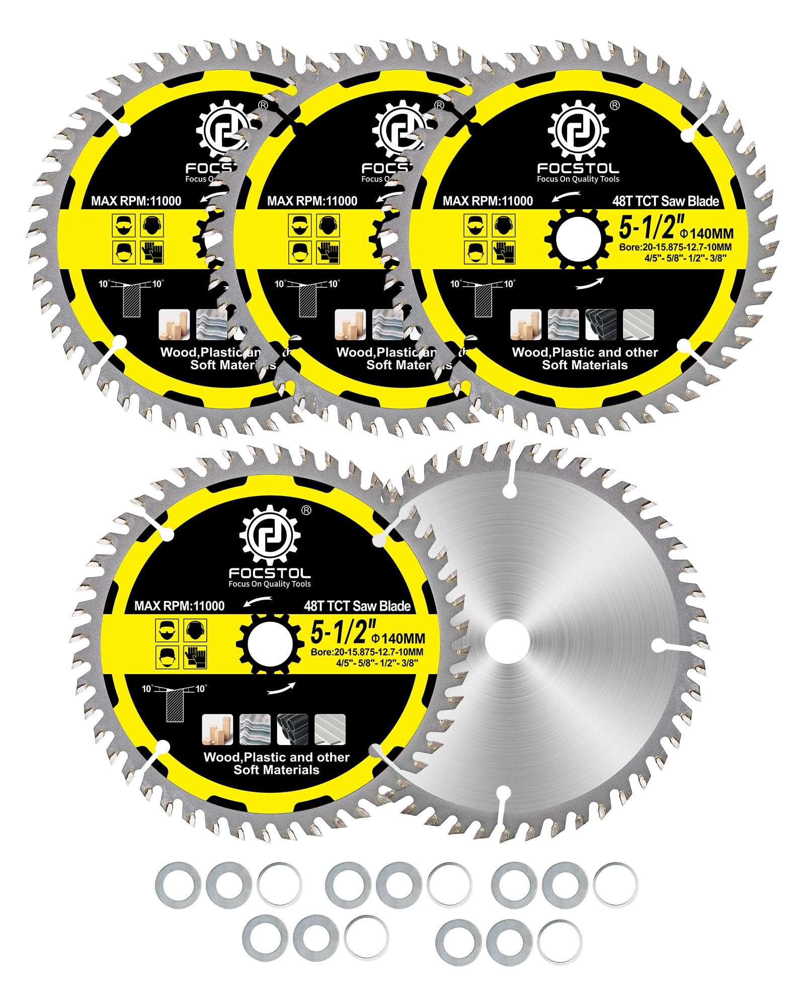 FOCSTOL Wood Cutting Circular Saw Blade 140mm - 5pcs 48 Teeth TCT Cutting Blade for Wood, Plywood, Particle Board, Plastics and Other Soft Materials