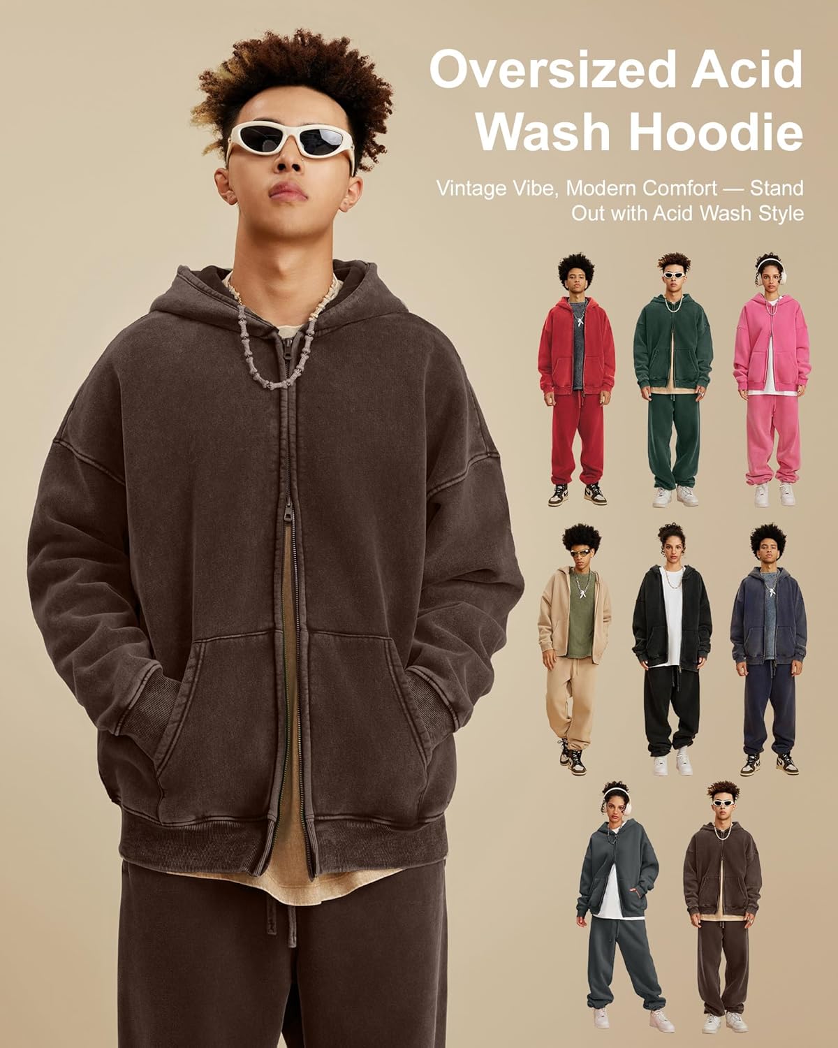 Mens Acid Wash Oversized Zip Up Hoodie, Heavyweight Cotton Fleece Jacket, Vintage Sweatshirt for Women