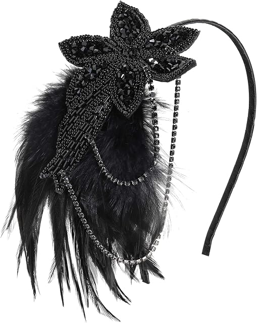 BABEYOND Vintage 1920s Headband 1920s Headpiece Feather Beaded Headband Crystal Flapper Headpiece Great Gatsby Costume Accessories Roaring 20's Accessories (Black)