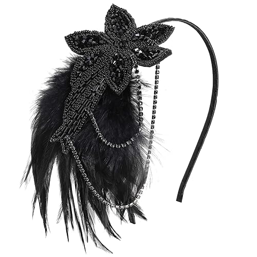 BABEYOND Diadema con cuentas de plumas de los años 20, accesorio para el cabello de Gatsby de los años 20 (negro)