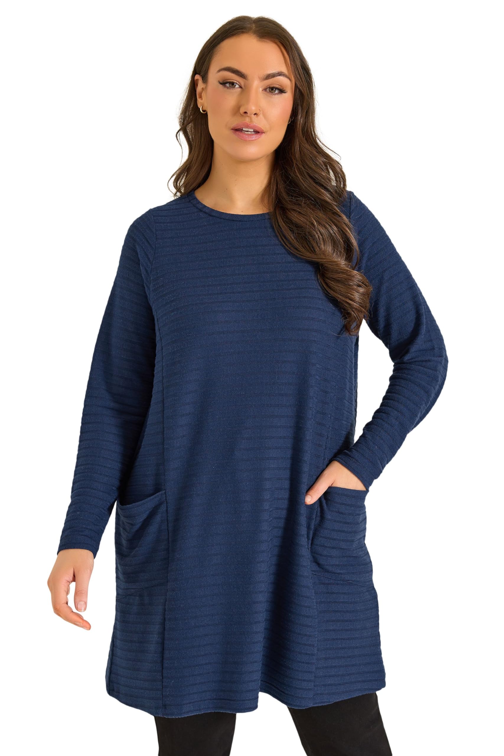 Evans Women's Navy Curve Blue Ribbed Front Pocket Tunic Jumper - Plus Size Curve