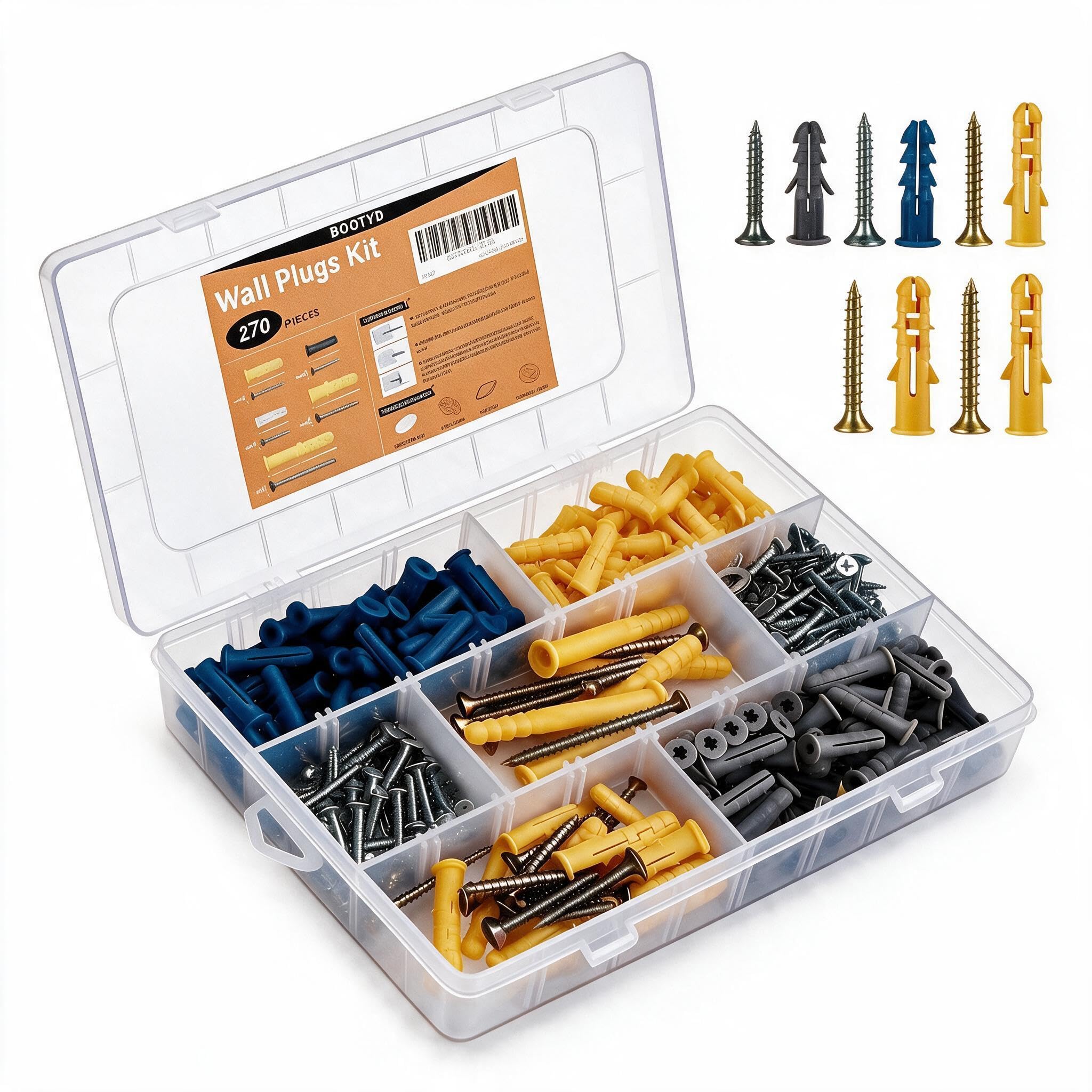 270Pcs Nylon Wall Anchors and Galvanised Screws Assortment Set, Multi Size Expansion Wall Plugs for Concrete Brick Drywall Wood Mounting