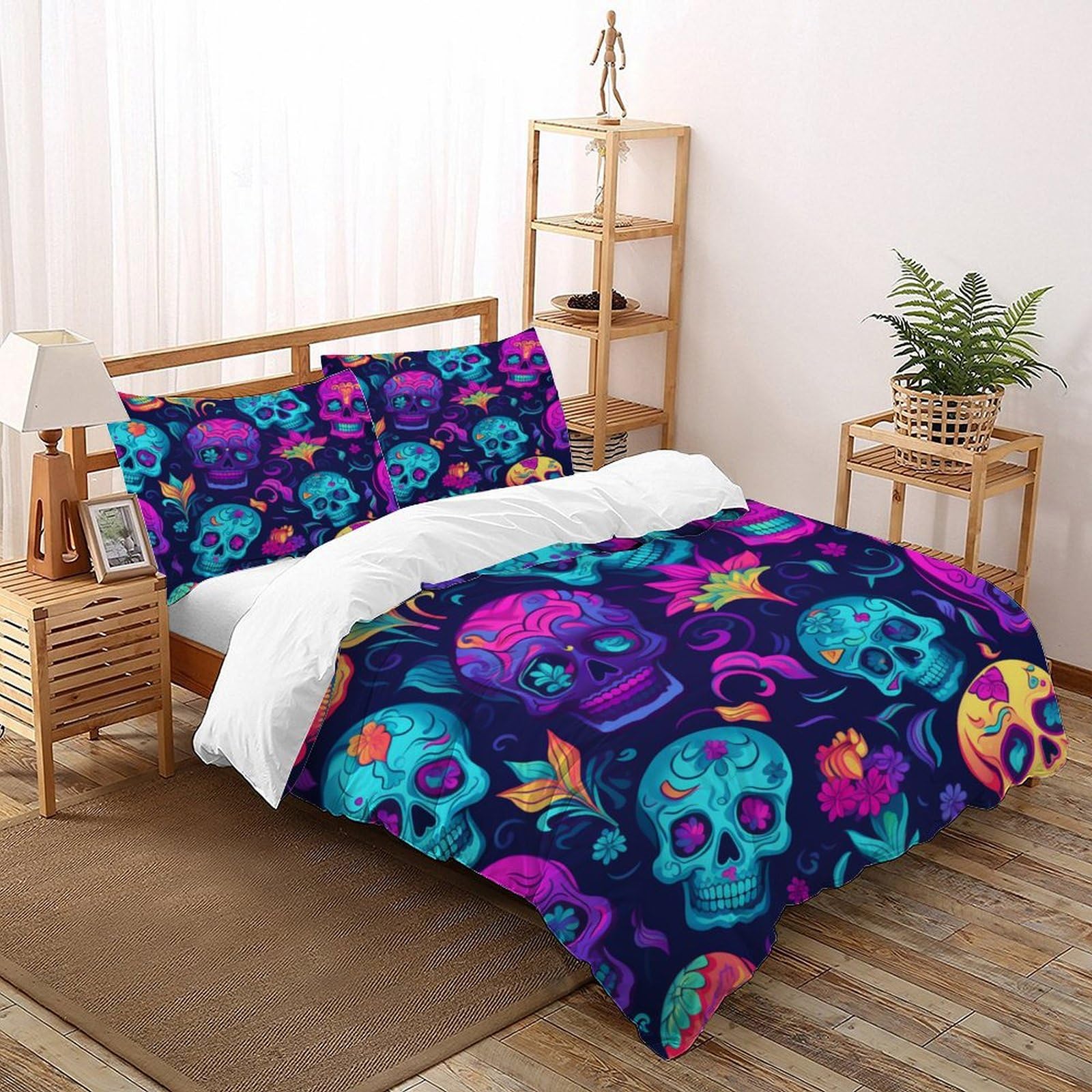Housse de couette skull gothique 260x220cm avec taies d'oreiller pour lit super king