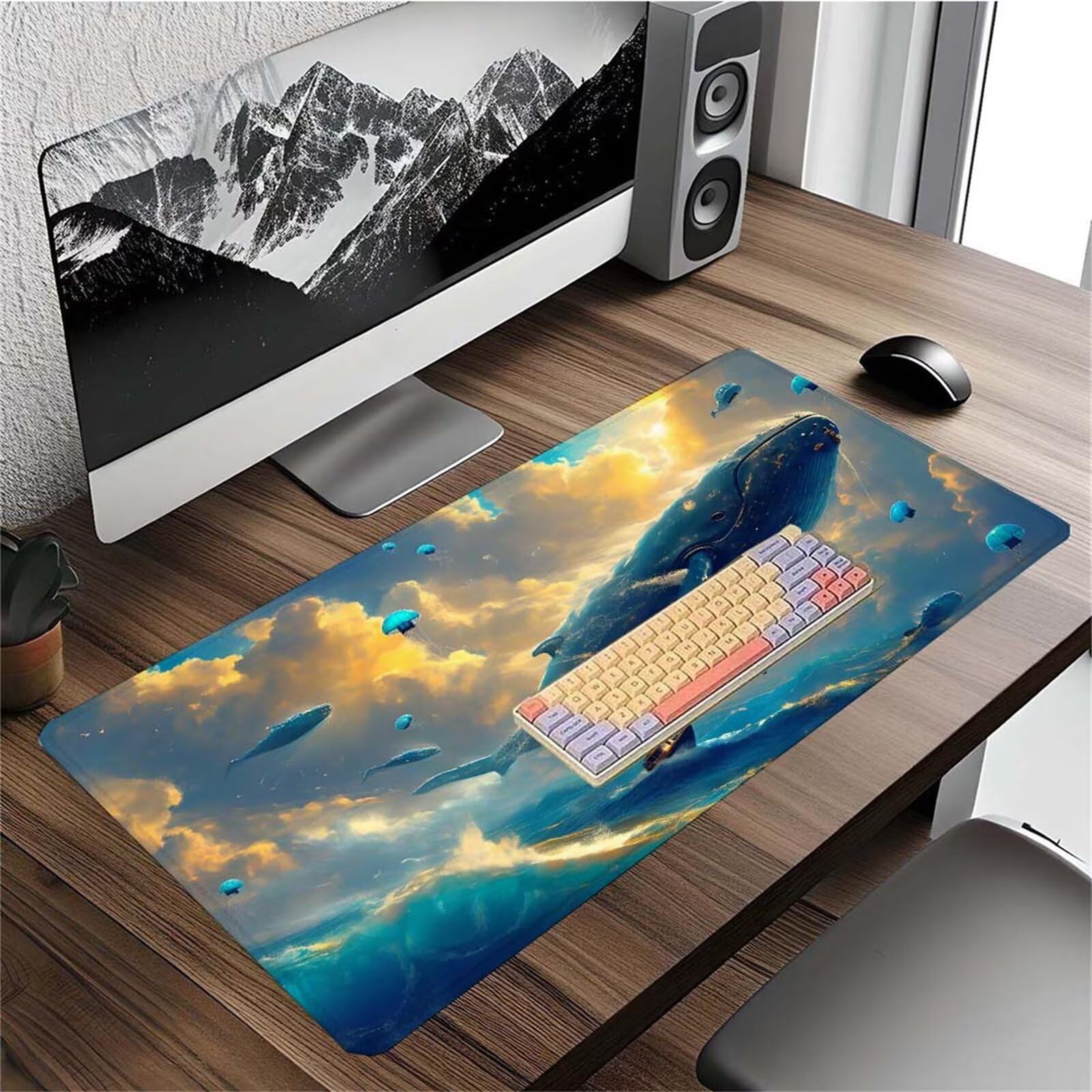 Alfombrilla Ratón Cielo Ballena Alfombrilla Ratón XXL 1400x600x3mm Mouse Pad Resiste Salpicaduras, Extendida de Gran Tamaño con Bordes Cosidos, Mejora la Precisión y la Velocidad, Antideslizante y-449