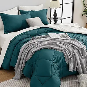 HEVUMYI Full Comforter Set - 7-Piece All Season Bed in a Bag Full, Ultra Soft Bedding Set with Comforter, Flat Sheet, Fitted Sheet, Pillowcases, Pillow Shams, Peacock Blue & Ivory