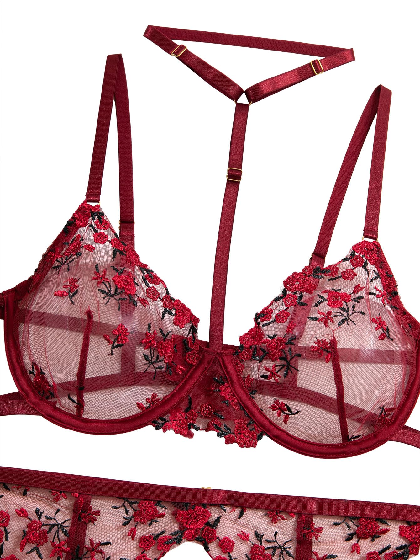 Lilosy Sexy Choker Floral Lace Scallop Sheer Underwire Push Up Garter Belt Lingerie Set 3 Piece: X-Small Flower Burgundy Red