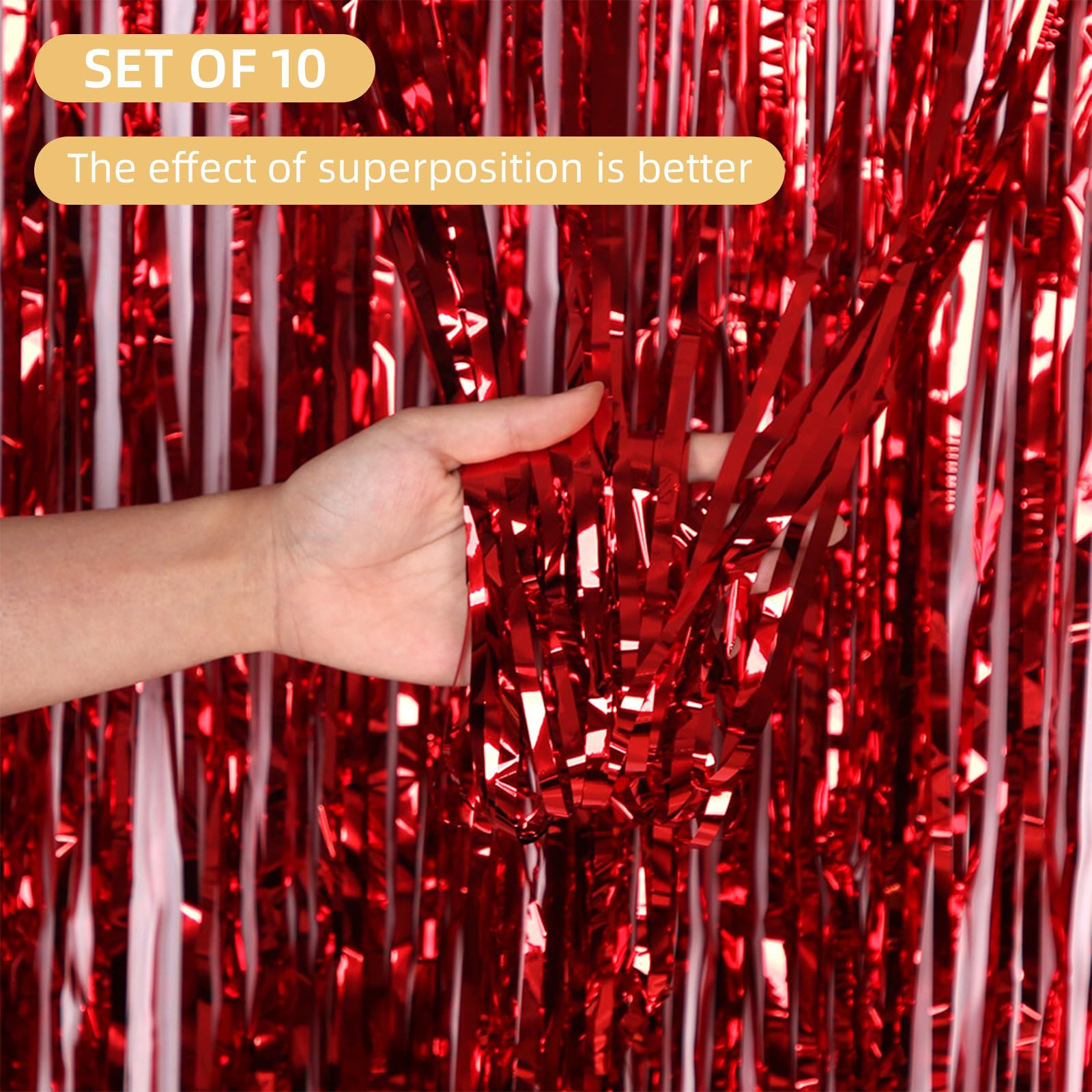 Paquete de 10 cortinas de fondo rojas de 3.3 x 8.2 pies, cortinas metálicas de oropel con flecos de papel de aluminio para decoración de fiesta de cumpleaños, baby shower, compromiso, boda, decoración