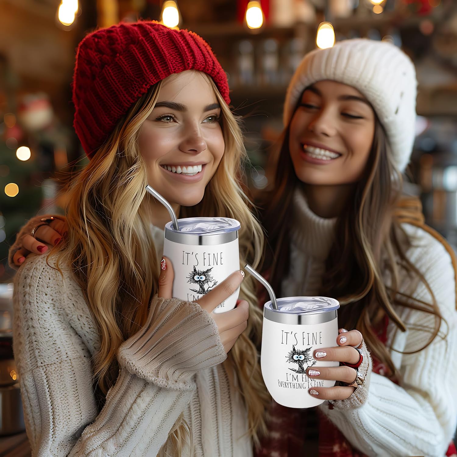 2 Sets 12Oz Black Cat Funny Tumbler It's Fine I'm Everything is Fine Appreciation Stainless Steel Insulated Mug with Lid and Straw Cup Christmas Gifts for Coworker Women Cat Lovers - Image 6