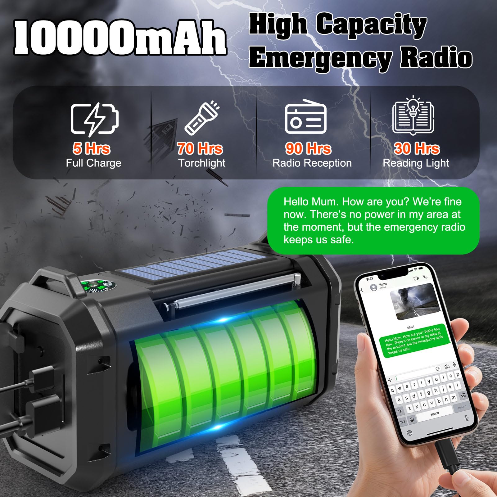 Wind Up Radio, Solar & Hand Crank Emergency Radio with 10,000mAh Power Bank, AM/FM Portable Radio, LED Torch, Reading Lamp, SOS Alarm & 5V USB Output for Outdoor, Camping, Hiking - 3