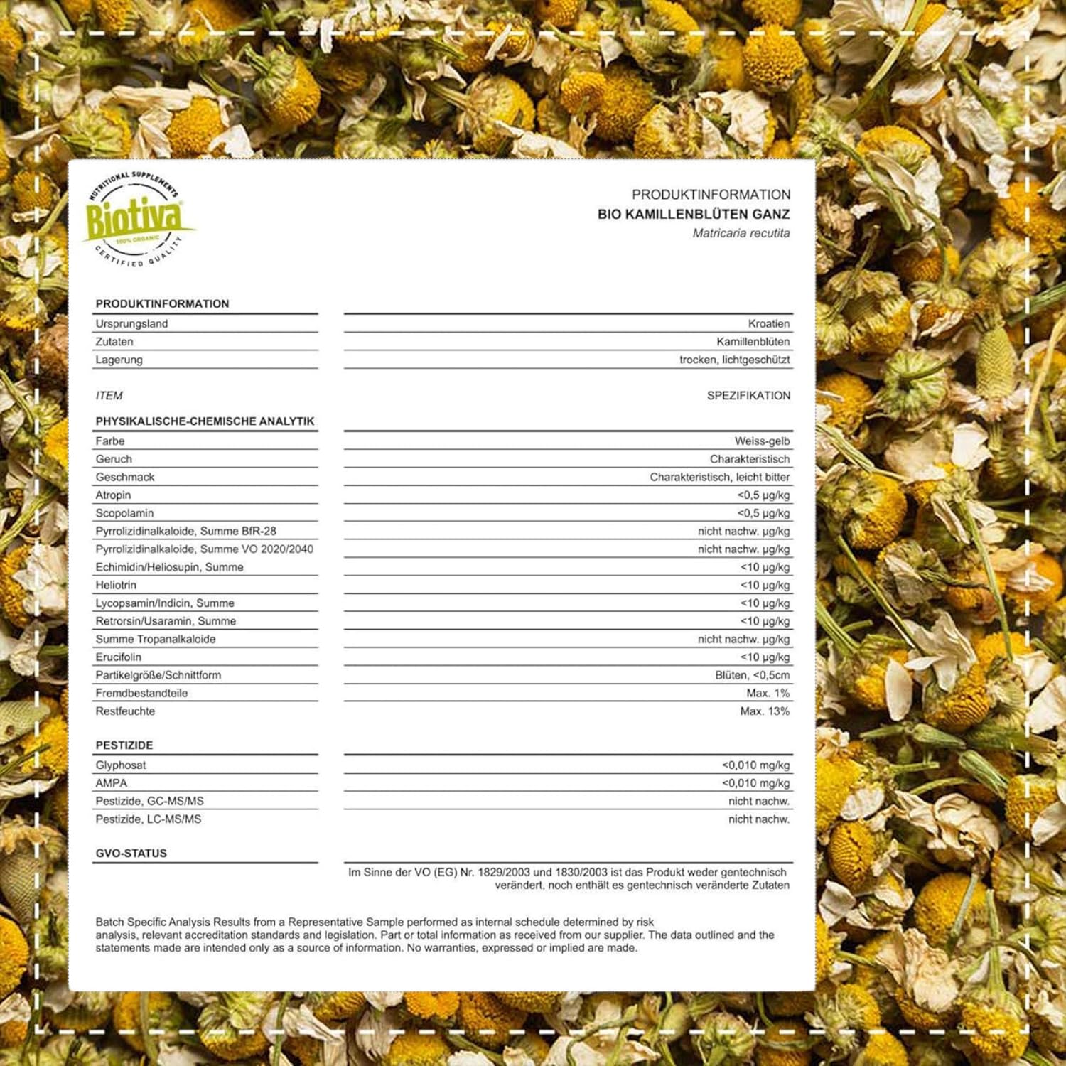 Tisane de fleurs de camomille bio 500g - Culture UE - Fleurs de camomille bio de grande qualité - Matricaria chamomilla - Bain à la camomille- Biotiva