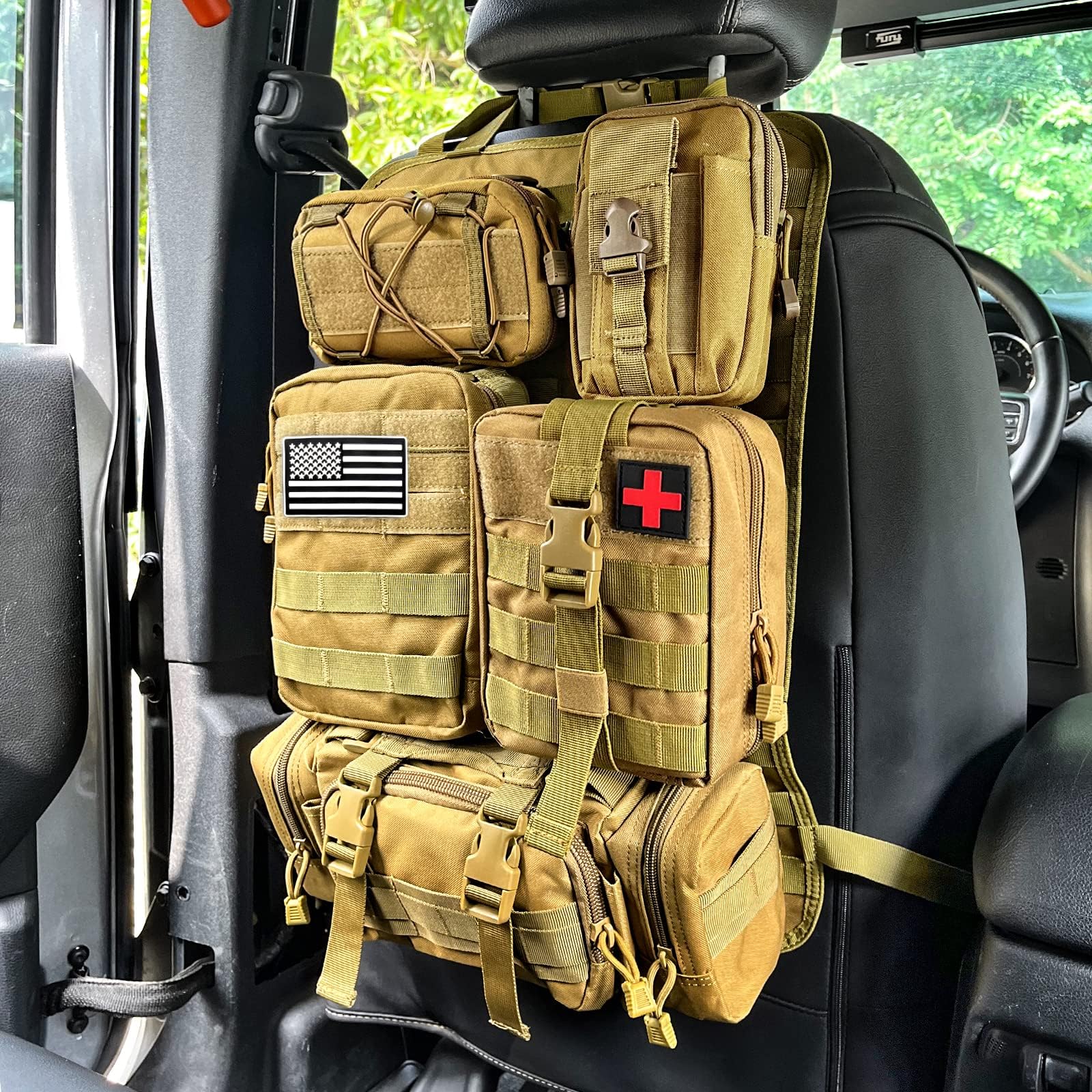 Universal Tactical Seat ​Back Organizer Vehicle Molle Panel Organizer Storage Bag with 5 Detachable Molle Pouch, Khaki