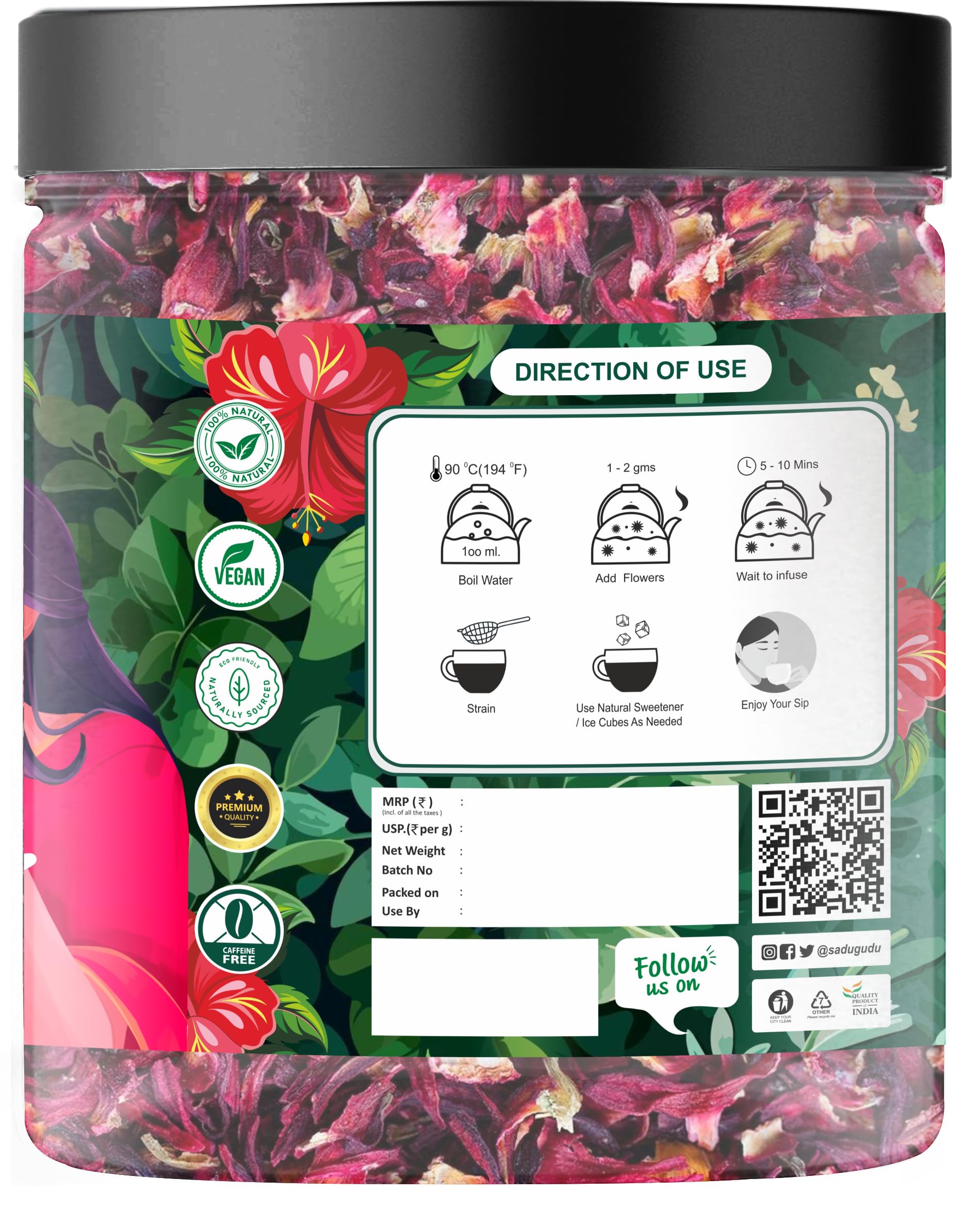 Sadu Gudu Hibiscus Flower Tea, 100% Natural Loose Petals, Caffeine-Free Herbal Tea, Rich in Antioxidants, Supports Skin, Digestion & Weight Wellness, 30g Jar 1