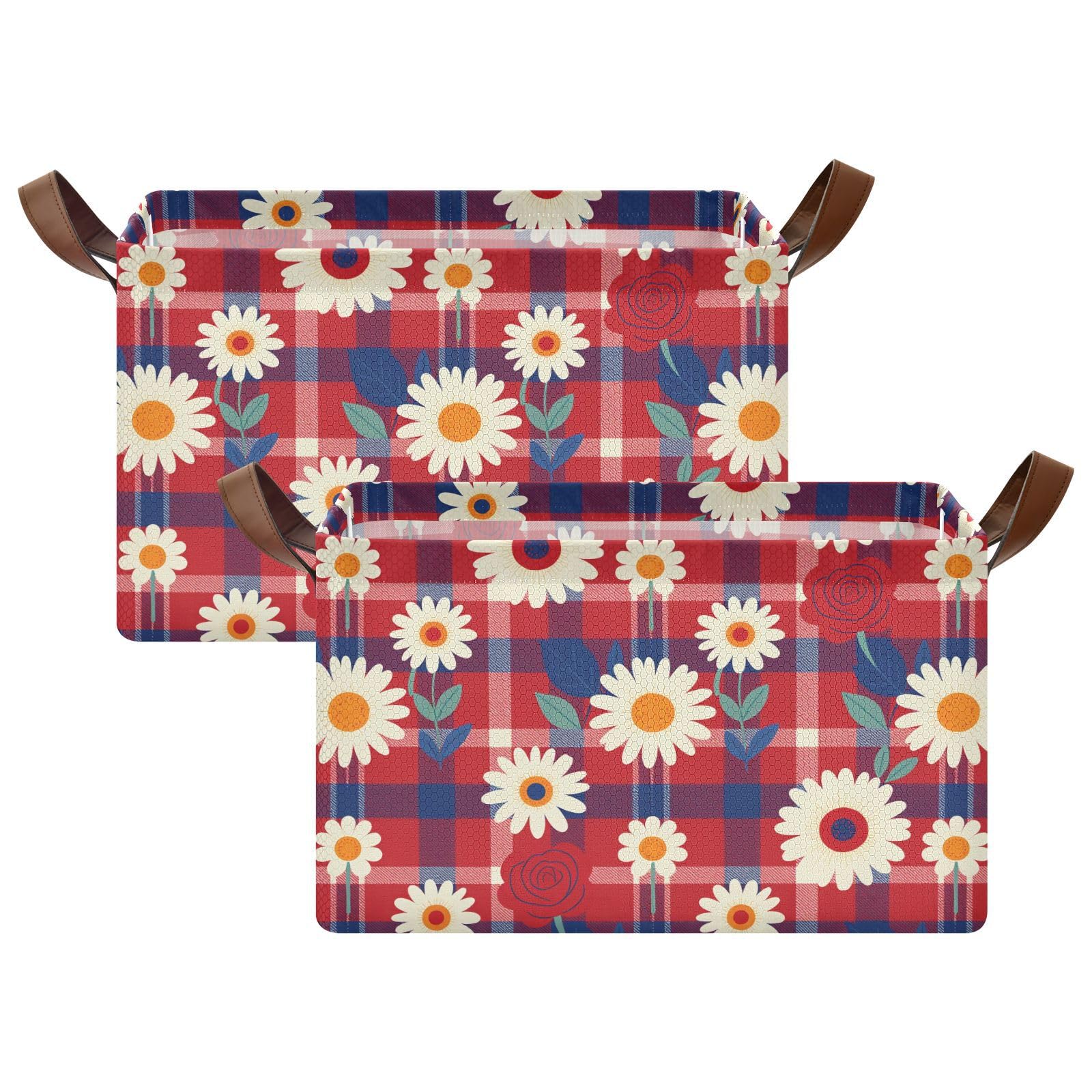 FRODOTGV Contenedores de almacenamiento abiertos para armario, dormitorio, cocina, diseño patriótico, tartán rojo, margarita, talla M