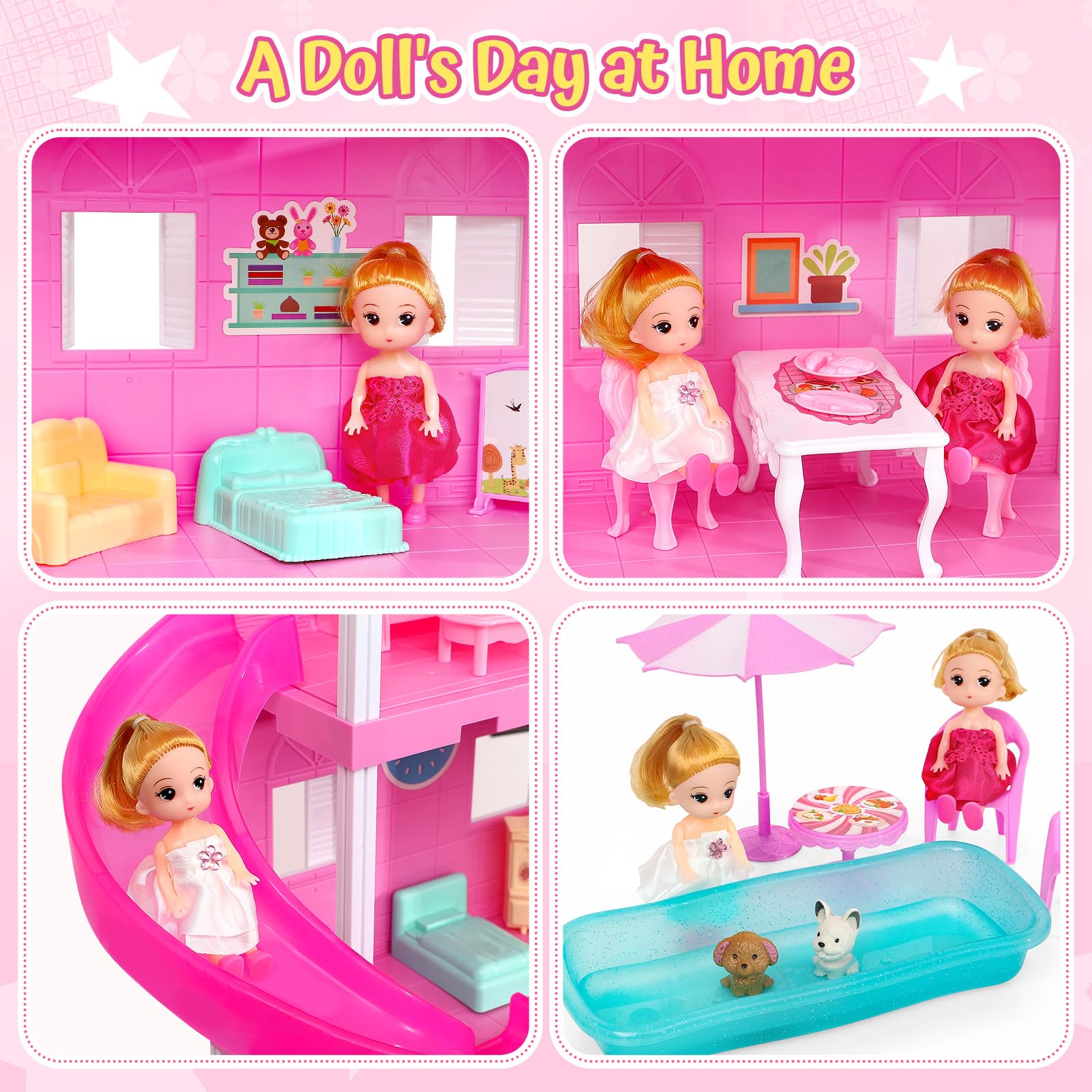 vamei 4 Étages Maison de Poupée pour Enfants avec 9 Pièces et Meubles de Maison, DIY Maison Poupee avec Poupe Meubles Accessoires, Jeux de Simulation Jouets Cadeau pour Filles âgés de 3 4 5 6 Ans