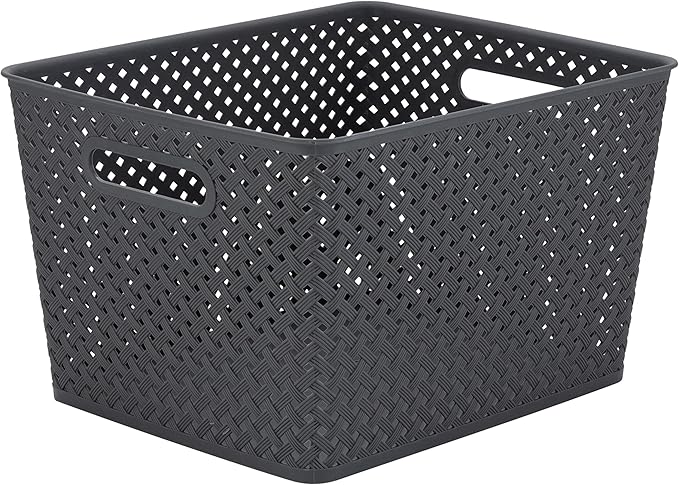 Simplify Large Resin Wicker Tote | Storage Bin | Plastic Organizer | Carrying Handles | Bathroom | Pantry | Accessories | Toys | Grey