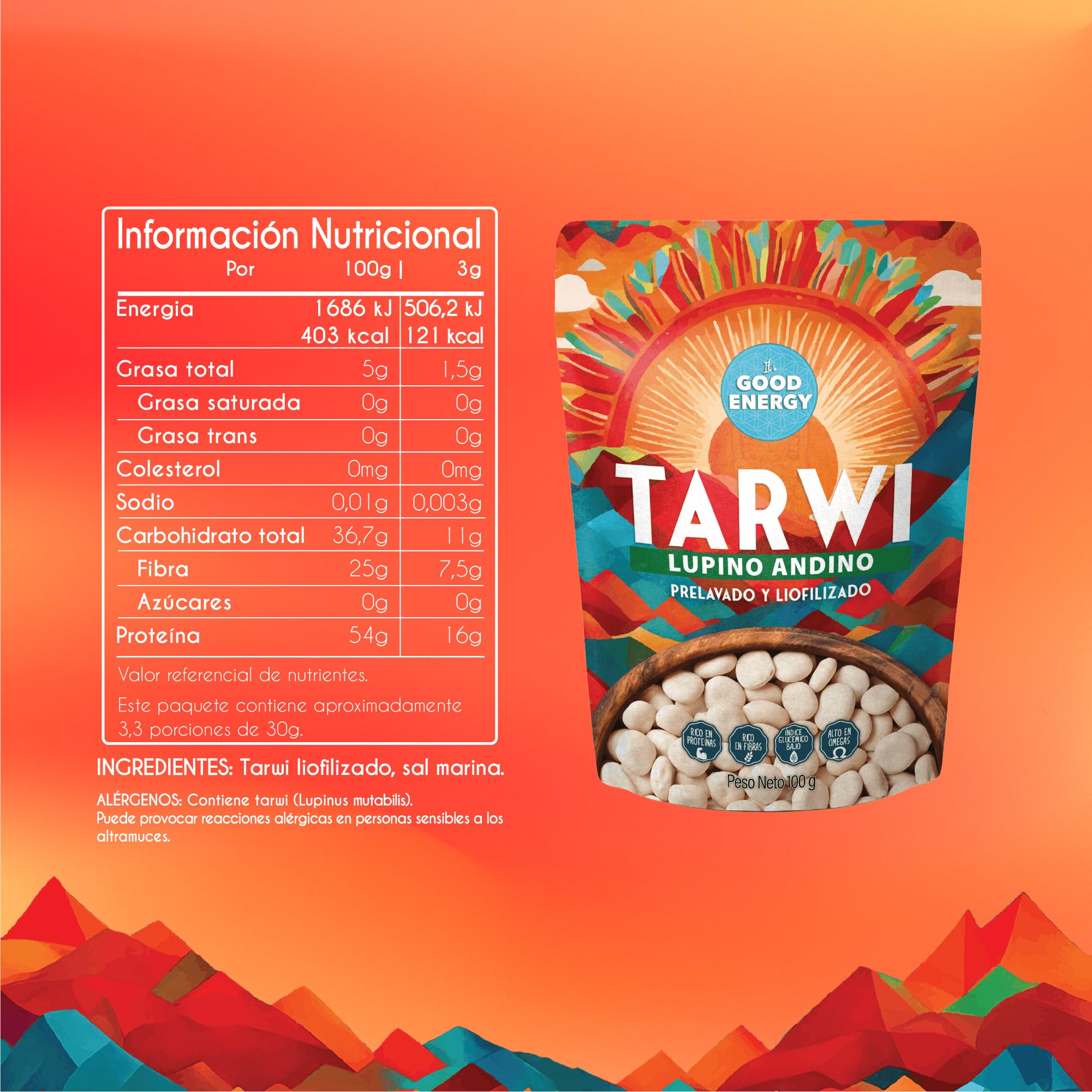 It’s Good Energy Tarwi (Chocho) Frijoles Liofilizados – 54 g de proteína | Bajos en carbohidratos, altos en fibra, snack vegano de origen vegetal | Superalimento apto para dieta keto | Bolsa de 3.5 oz