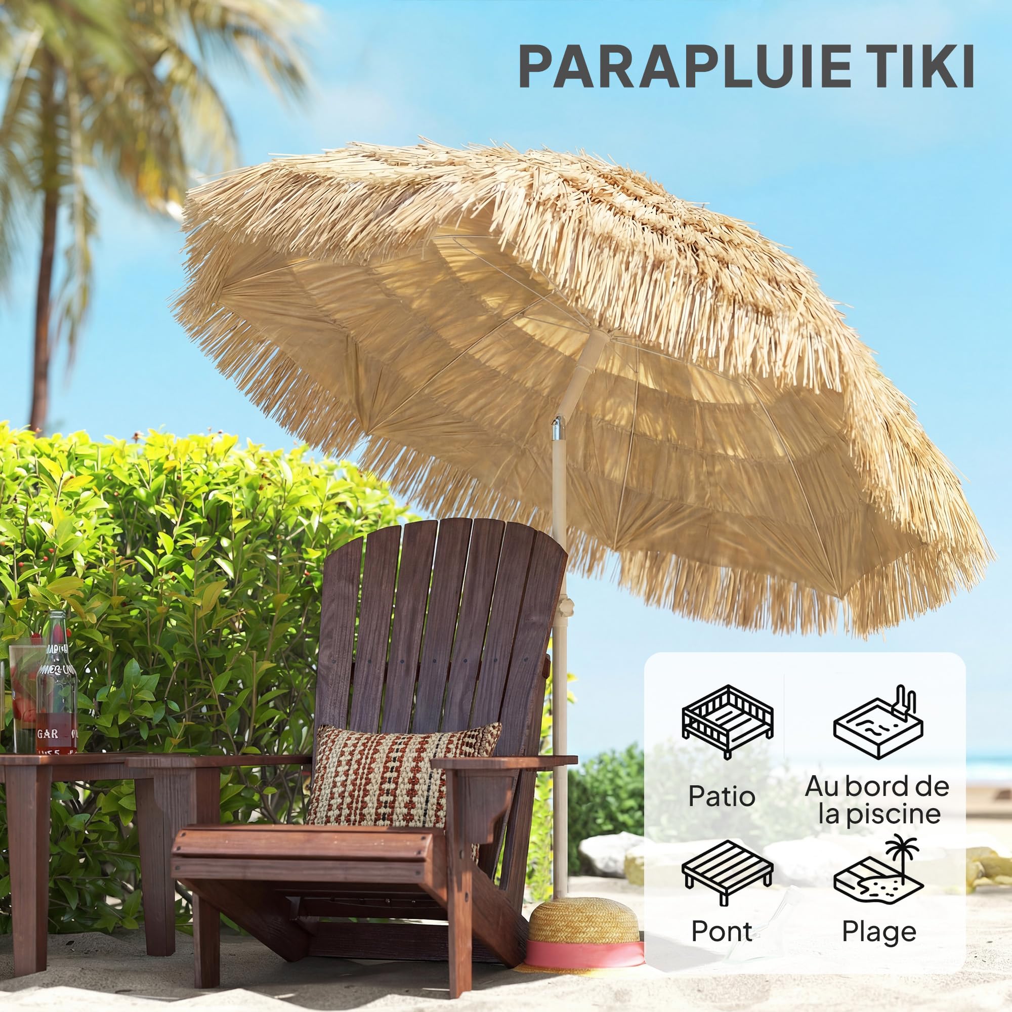 Outsunny Parasol de plage Ø 1,85 m Grand Inclinable Style Hawaïen Kaki