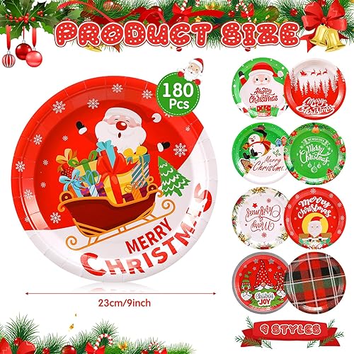 Miniatura 2 de Sliner 180 platos de Navidad desechables de 9 pulgadas, platos de papel de Navidad, suministros para fiestas de Navidad, platos de cena de Navidad,