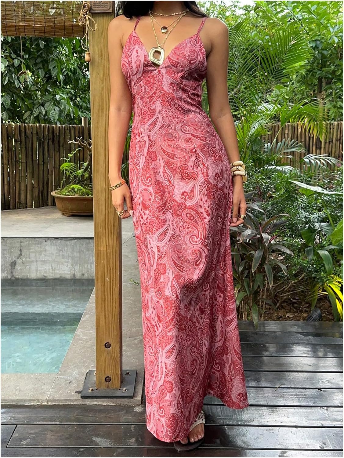 SHENHE Women's Summer Boho Maxi Dress Backless Low Back Paisley Spaghetti Strap Beach Sundress - Image 5