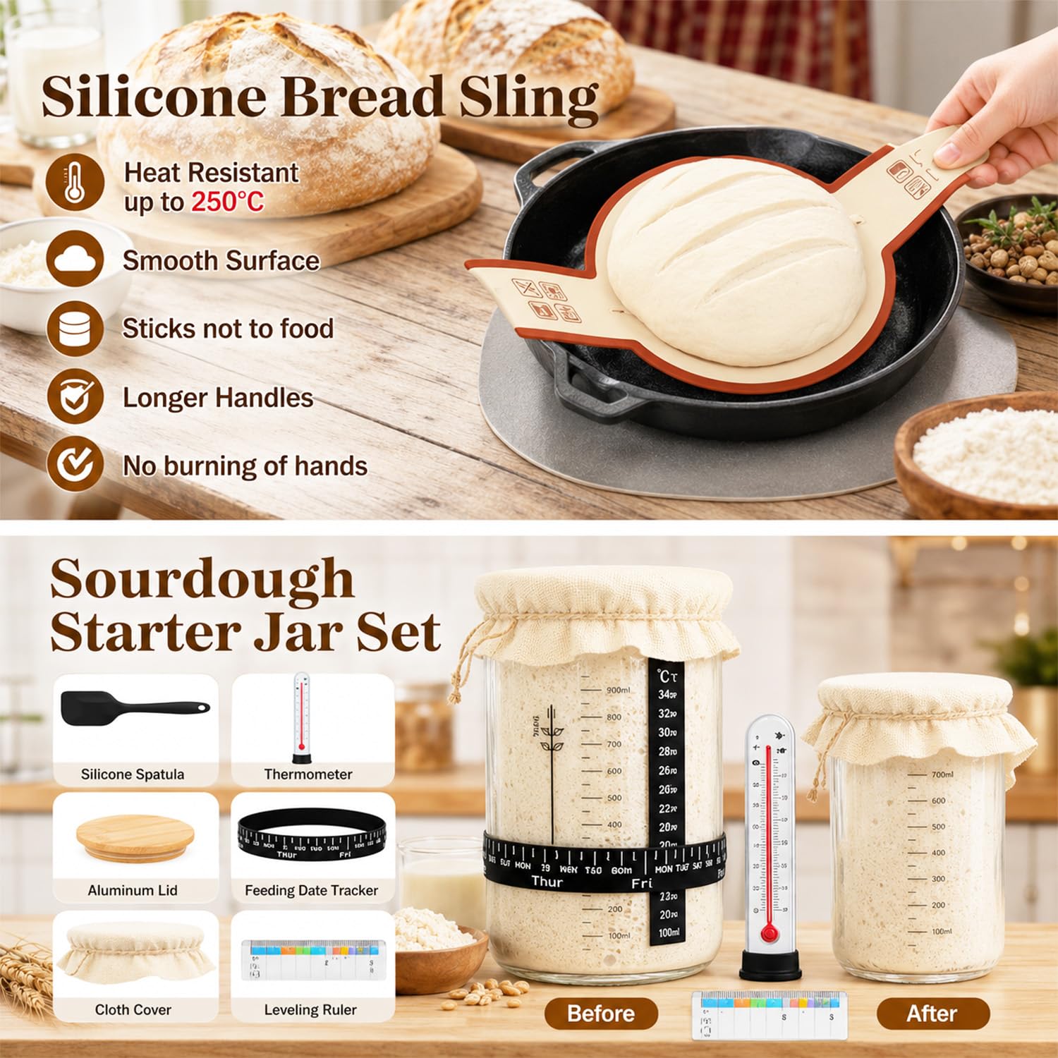 Sauerteig Starter Set mit Gärkörbchen (2 Stück, 25cm), Gärkorb Brot Brotbackzubehör Mit Sauerteig Starterglas, Sauerteigbrot Starter Set, Komplettes Brotbackset für Anfänger & Bäcker