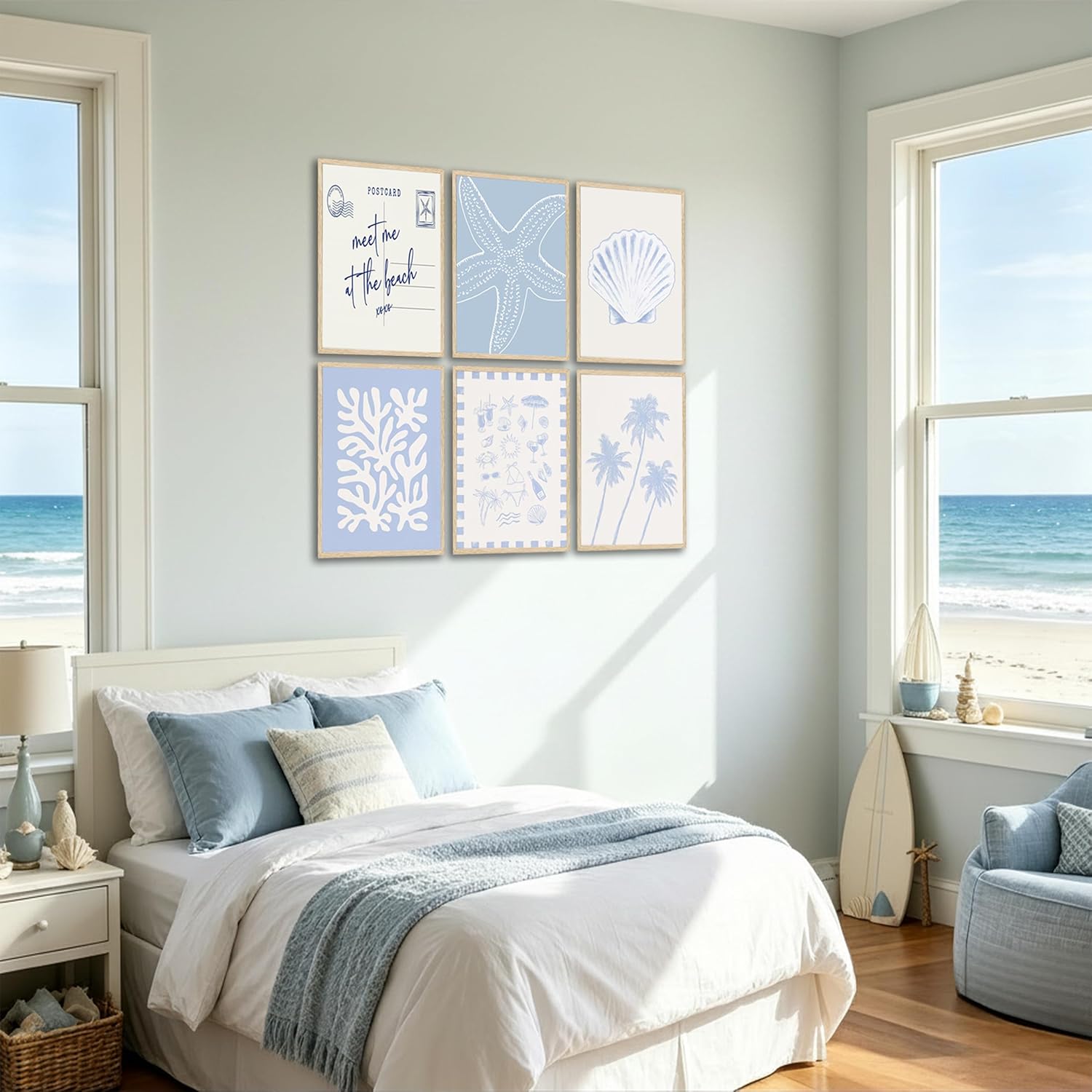 FTHMTN 6pcs Blue Coastal Wall Art,Summer Beach Posters,8x10 inch Unframed | Meet Me At The Beach Pictures,Granddaughter Prints,Preppy Wall Decor for girls bedroom, dorm or apartment