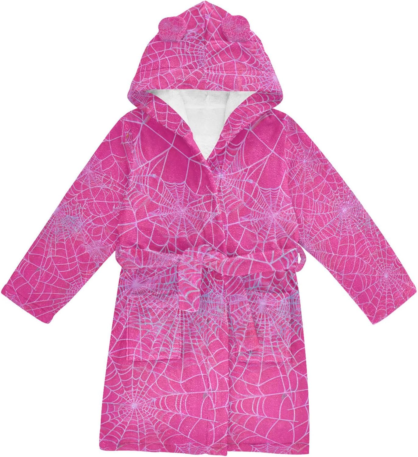 Pink Spider Web Pattern Bathrobe Hooded PJ Robe Soft Fleece Robe Pajama Sleepwears 2-12 Years